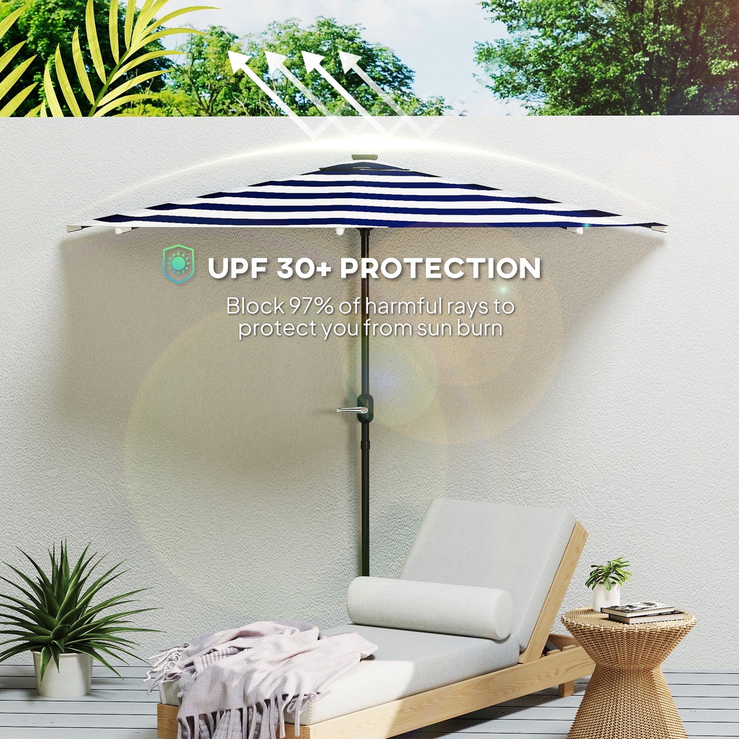 Outsunny Half Umbrella Outdoor Patio Umbrella, UPF 30+ Small Balcony Umbrella, Vented Tiltable Half Patio Umbrella with Crank 8 Ribs, Navy Blue