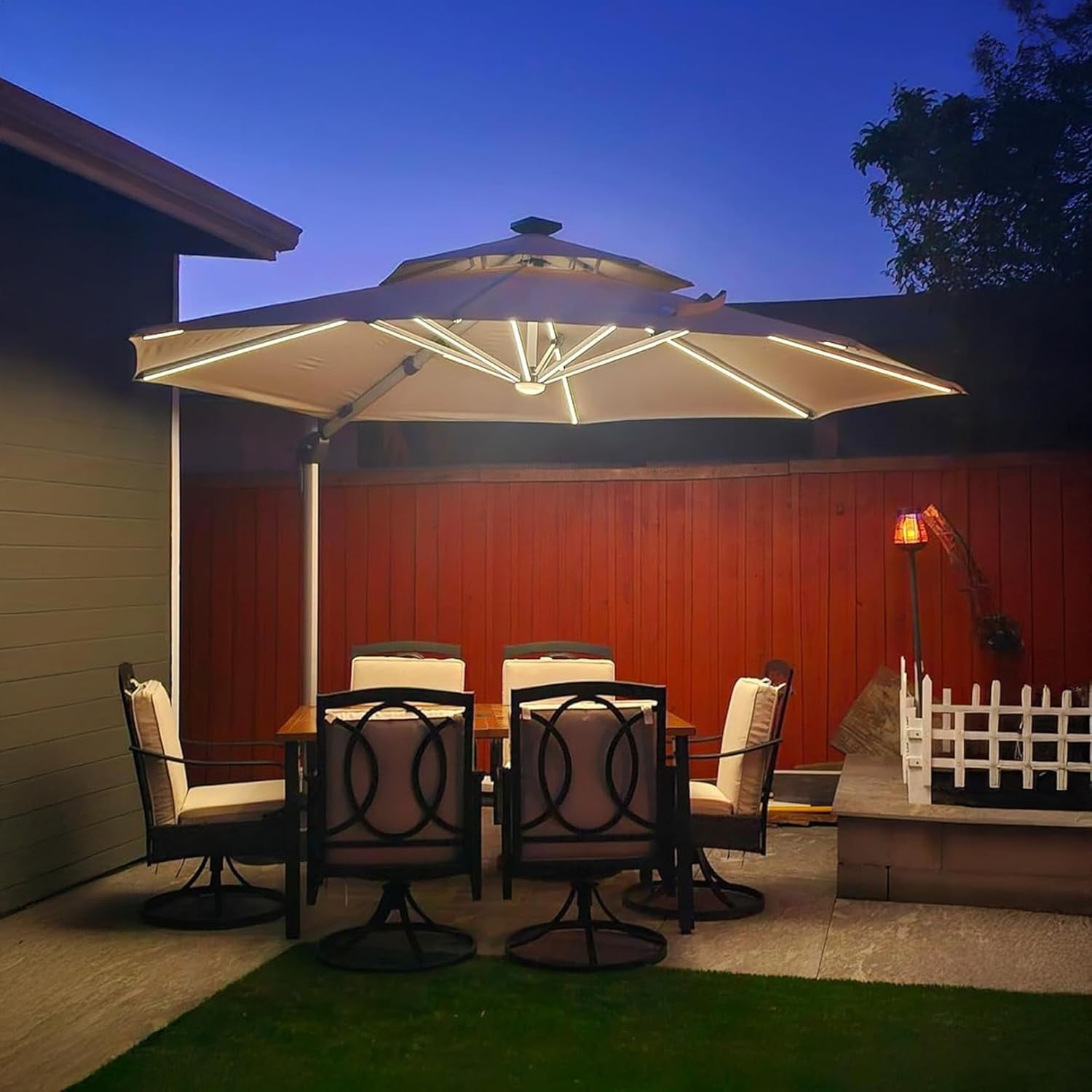 PURPLE LEAF 10FT Deluxe Round Solar Powered LED Patio Umbrella, Large Offset Cantilever Umbrella with 360° Rotation, Beige
