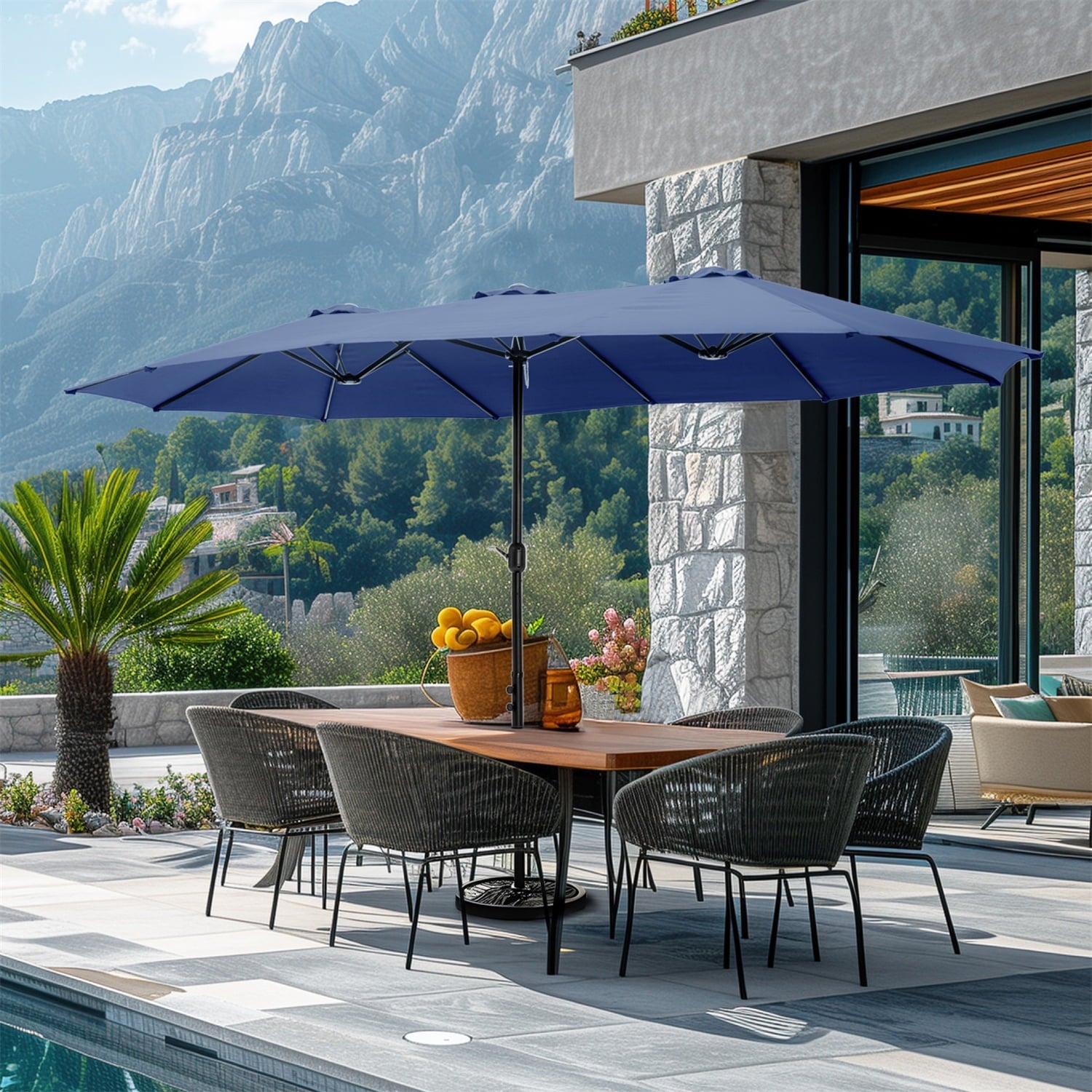 Summit Living 15 ft Large Patio Umbrella with Base (Included) Double-Sided Rectangular Outdoor Deck Umbrella for Outside - Haze Blue