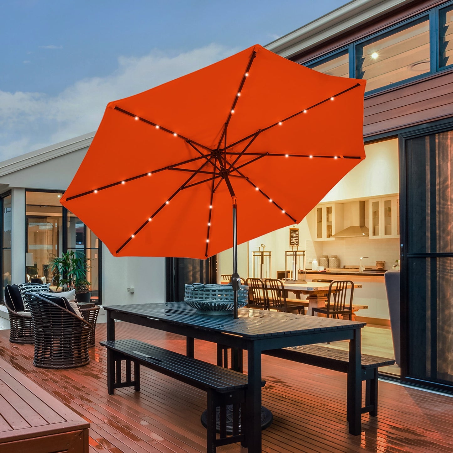 Costway 10FT Patio Solar Umbrella LED Patio Market Steel Tilt W/Crank Outdoor Orange New
