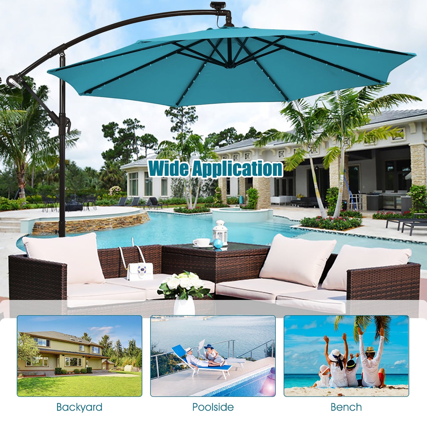 Costway 10 Ft Patio Solar LED Offset Umbrella 40 Lights Crank Base Turquoise