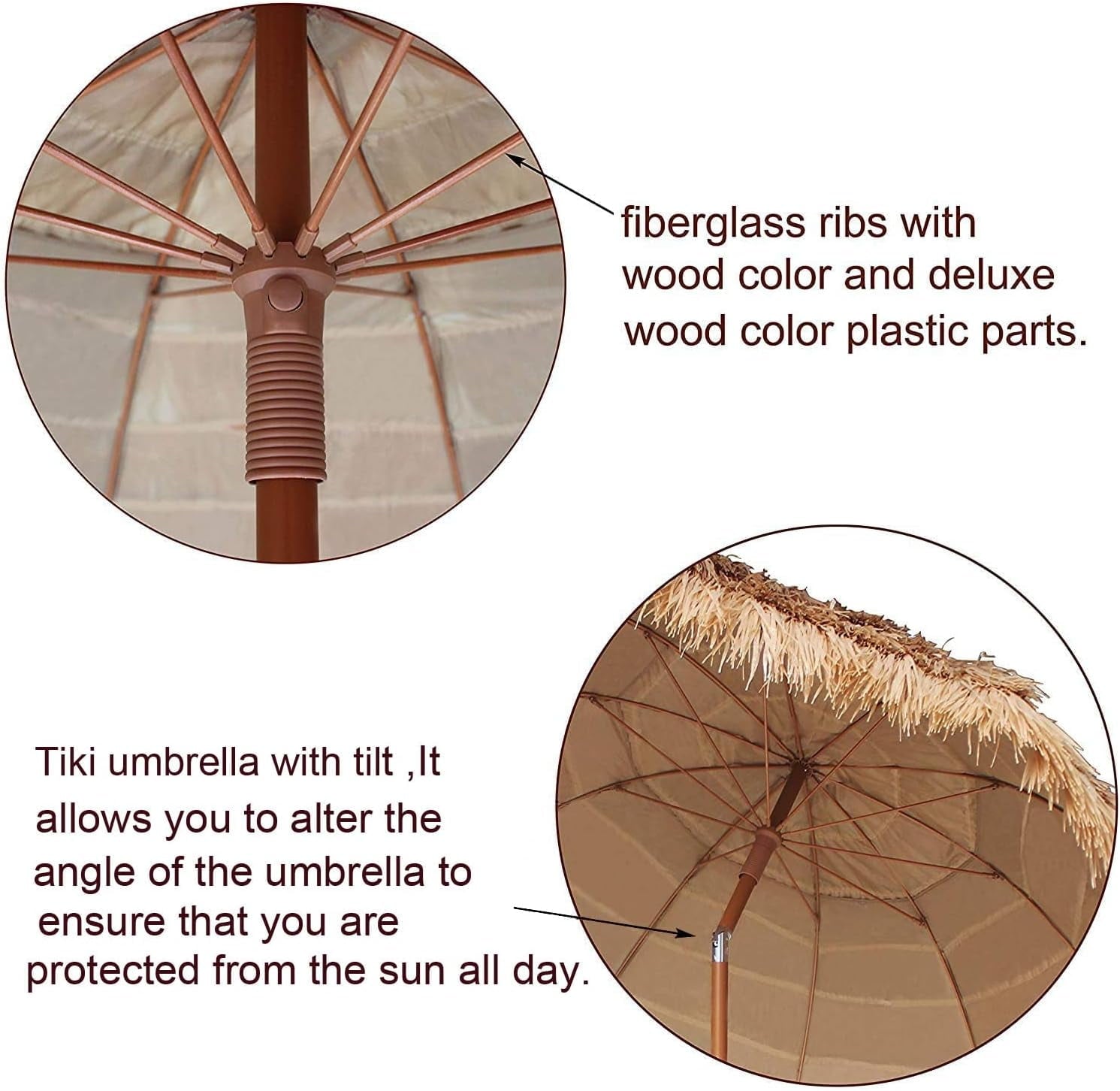 AMMSUN 7.5ft Hula Thatched Hawaiian Tiki Straw Outdoor Umbrella for Pool Patio Beach UPF50+,Brown