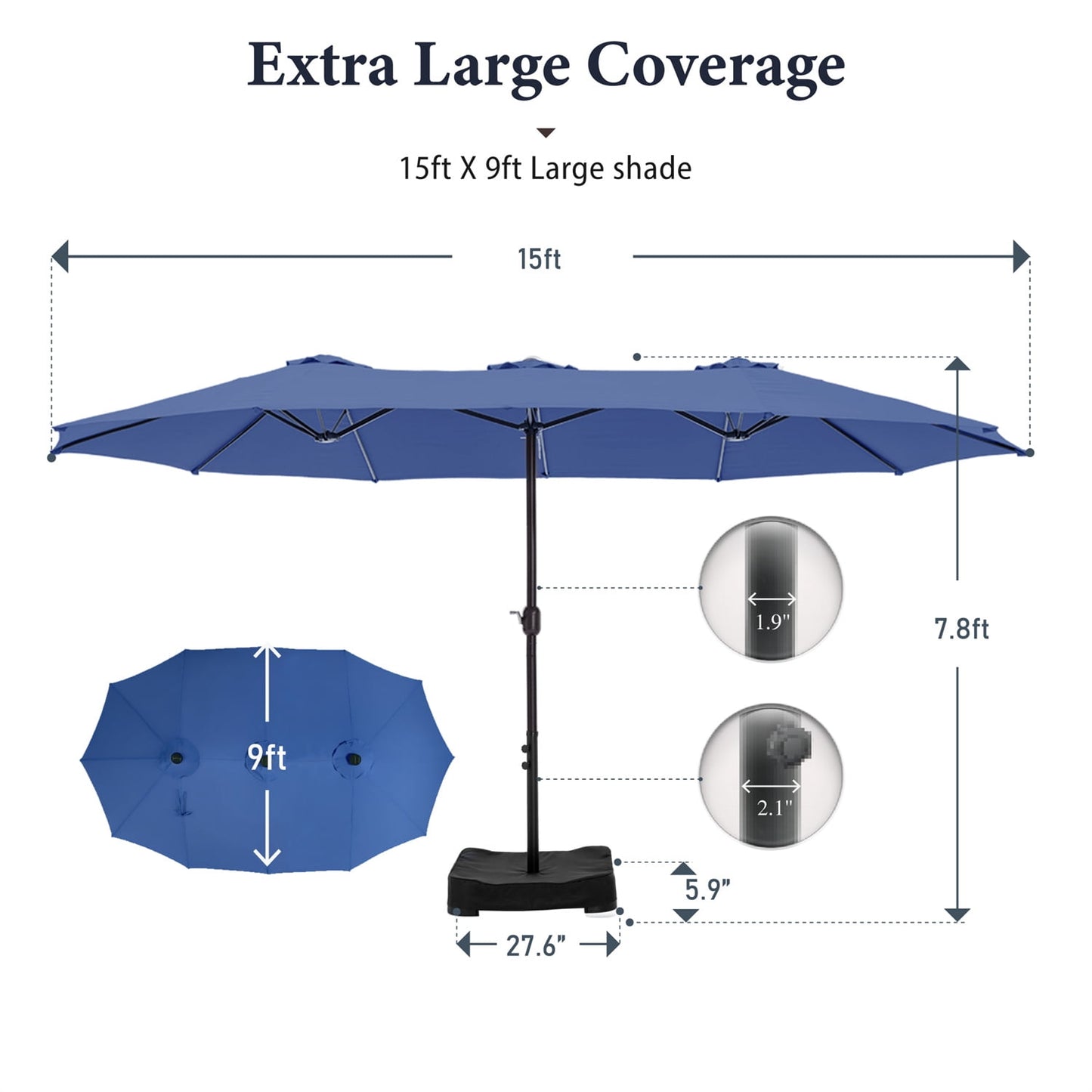 Summit Living 15 ft Large Patio Umbrella with Base (Included) Double-Sided Rectangular Outdoor Deck Umbrella for Outside - Haze Blue