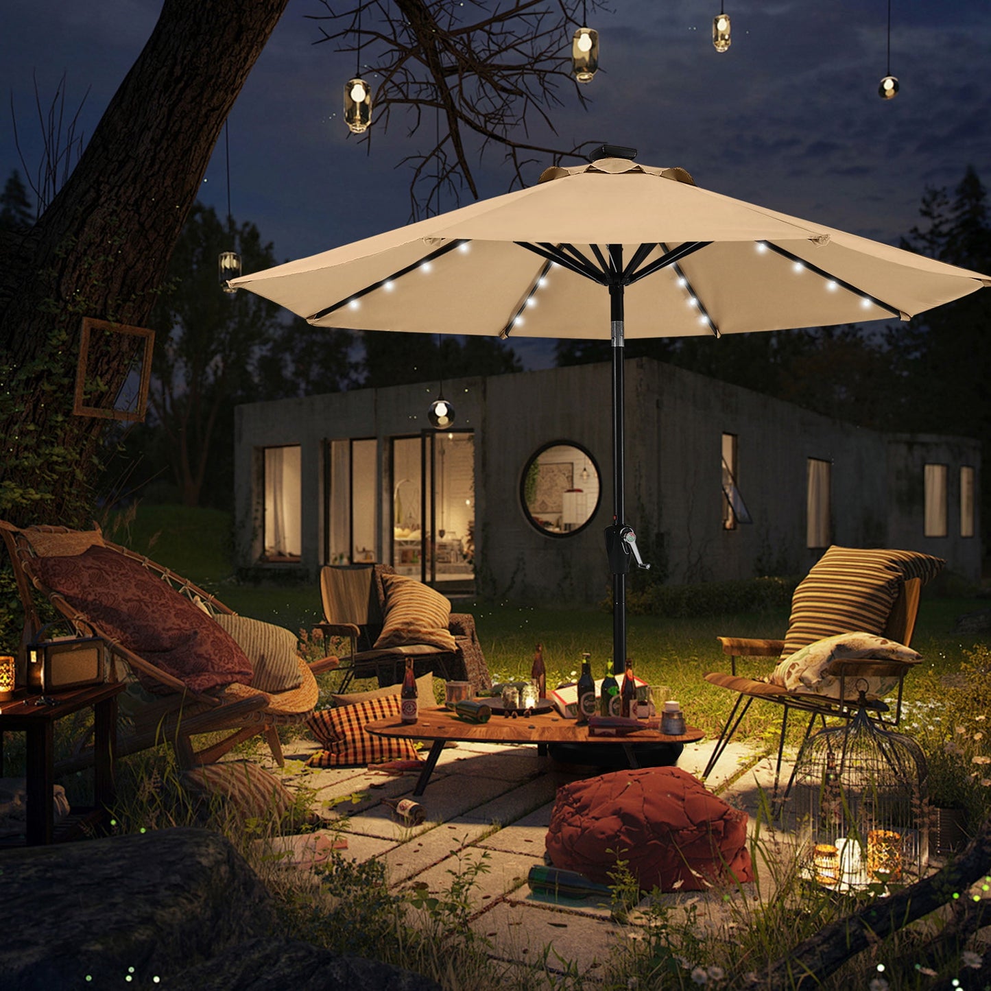 MASTERCANOPY 9ft Solar Patio Umbrella with 32 LED Lights Easy Tilt and Crank 8 Ribs, Khaki
