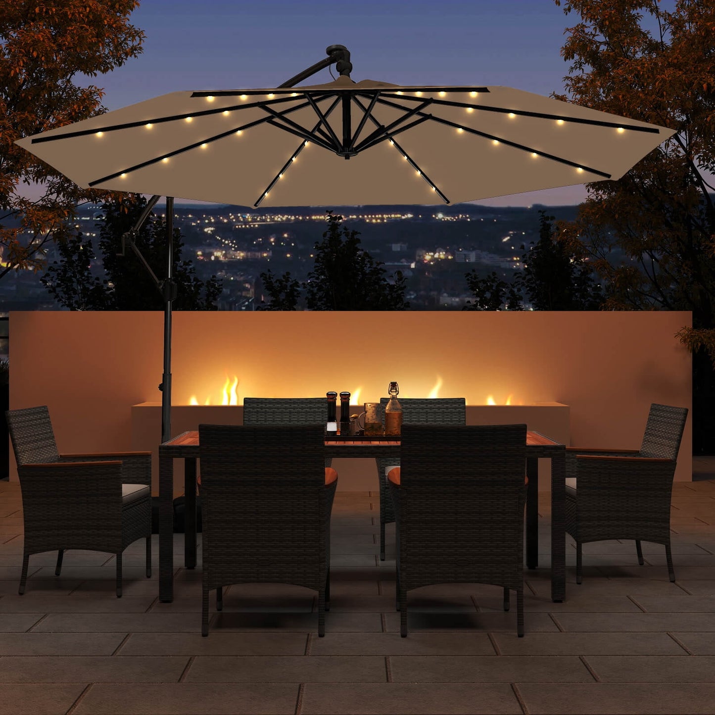 Costway 10 FT Solar Offset Hanging Umbrella Patio Cantilever Umbrella with 32 LED Lights Brown