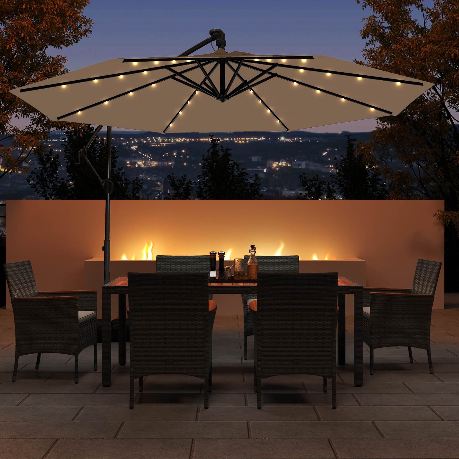 Costway 10 FT Solar Offset Hanging Umbrella Patio Cantilever Umbrella with 32 LED Lights Brown