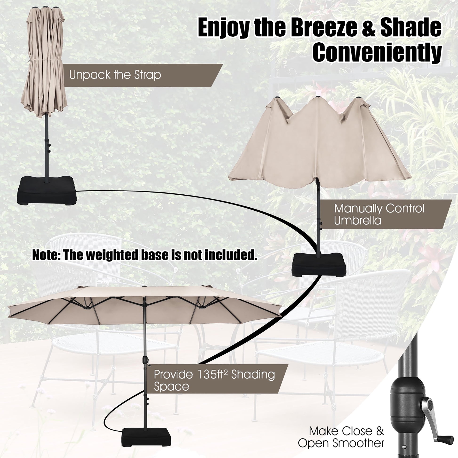 Costway 15ft Beige Patio Double-Sided Umbrella, Crank Lift