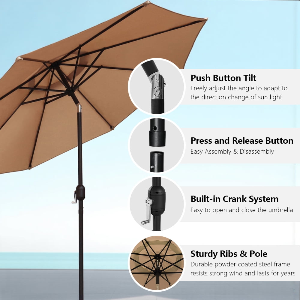Abble 9FT Outdoor Patio Umbrella with Push Button Tilt and Crank Handle, Market Umbrella with 8 Sturdy Umbrella Ribs, Waterproof for Garden, Deck, Backyard, Pool, Blue