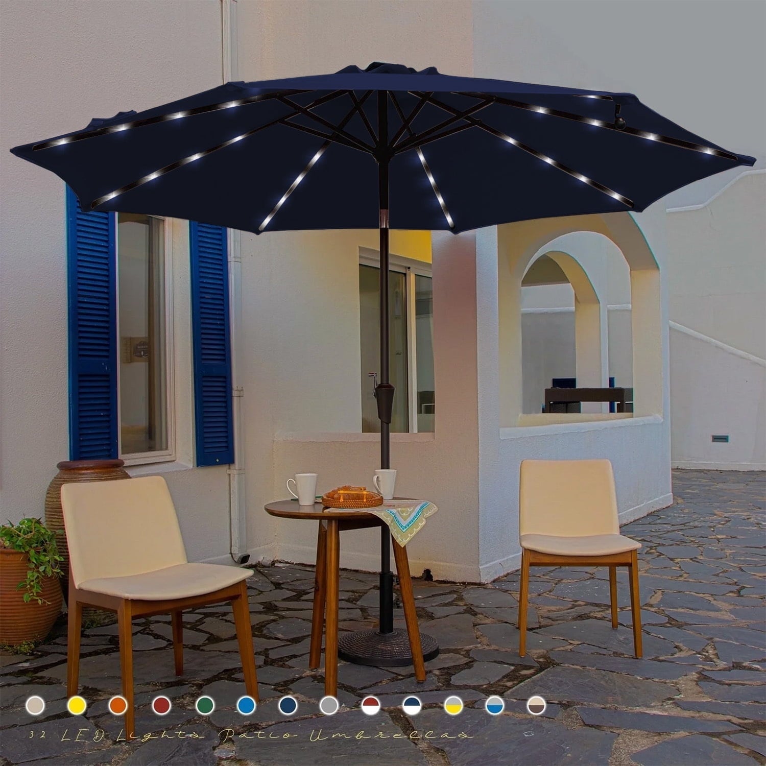JUSTLET 10 ft Patio Umbrella for Table, Outdoor Sun Umbrella with LED Solar Lights, Navy Blue