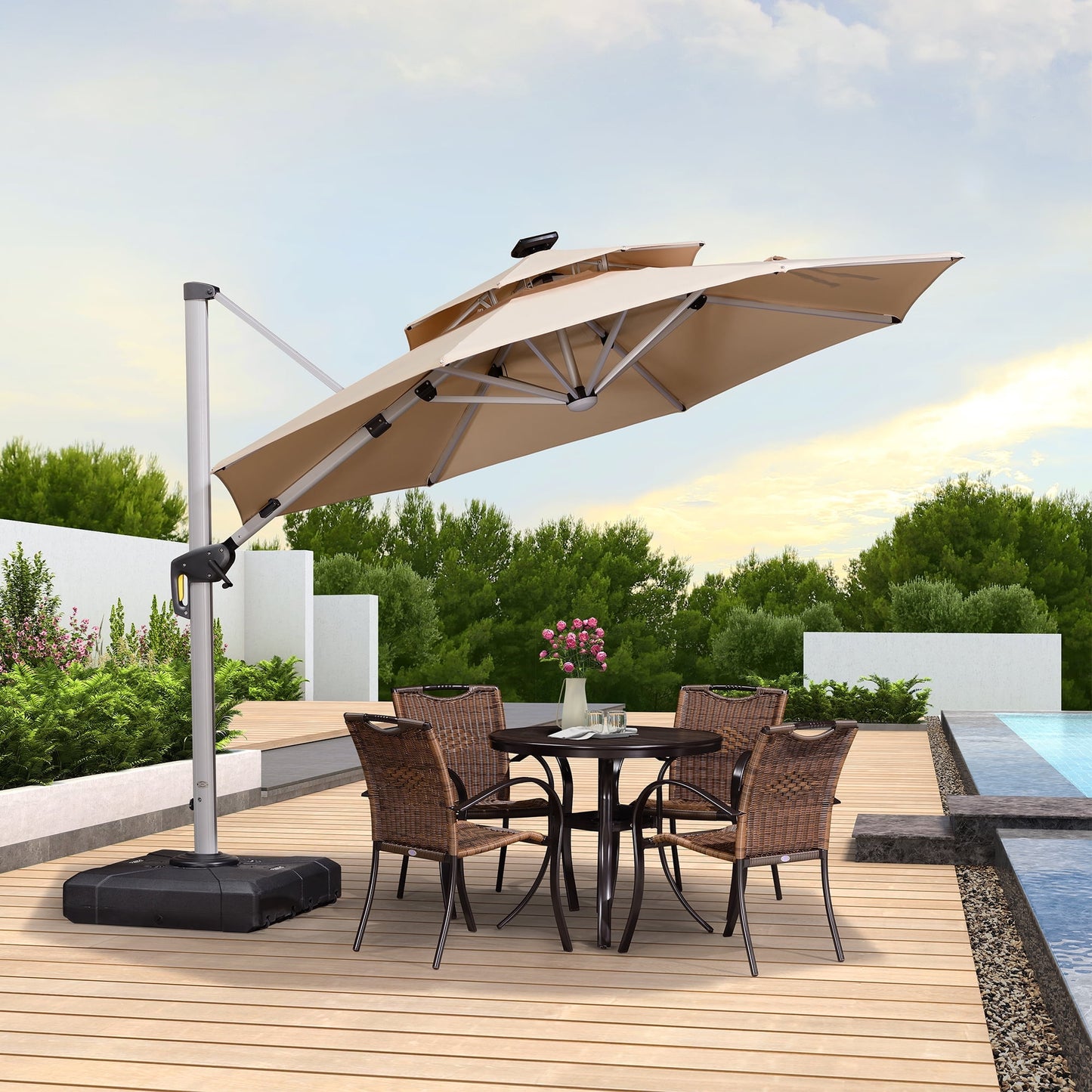 PURPLE LEAF 10FT Deluxe Round Solar Powered LED Patio Umbrella, Large Offset Cantilever Umbrella with 360° Rotation, Beige