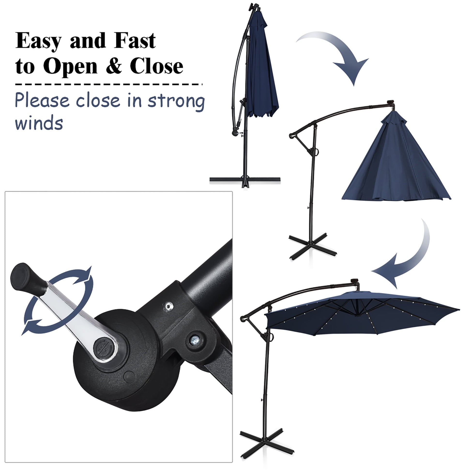 Costway 10FT Patio Offset Umbrella Solar Powered LED 360Degree Rotation Aluminum Navy