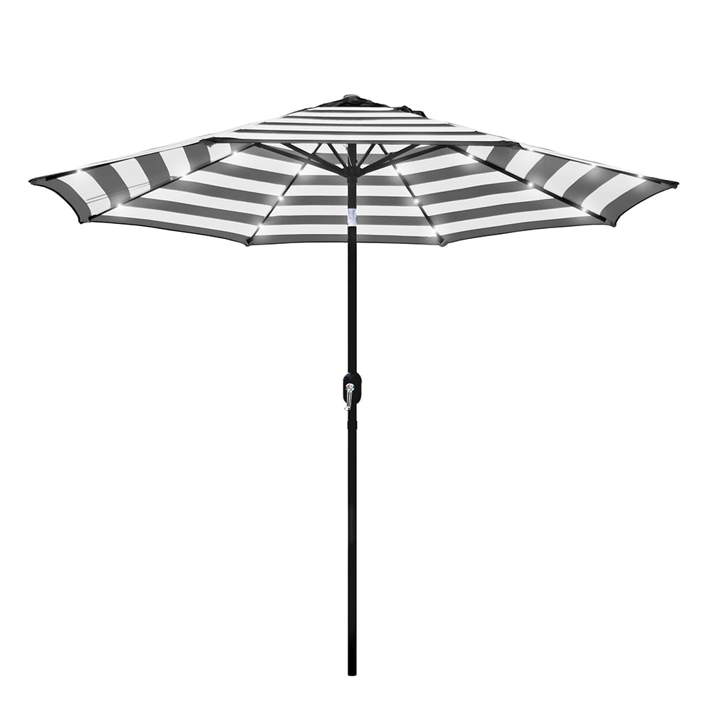 Abble 9ft Black and White Solar LED Lighted Outdoor Patio Umbrella, Adjustable Tilt