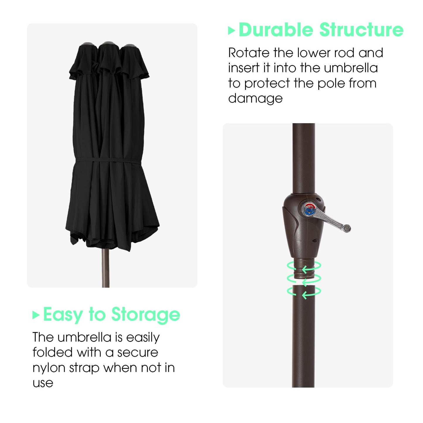 JUSTLET 15ft Rectangular Outdoor Patio Umbrella Double-Sided Twin Large Patio Umbrella with Crank，Black