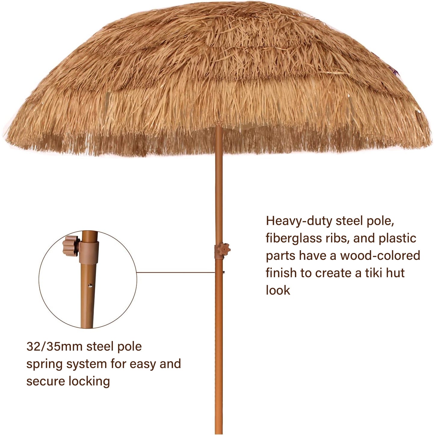 AMMSUN 7.5ft Hula Thatched Hawaiian Tiki Straw Outdoor Umbrella for Pool Patio Beach UPF50+,Brown