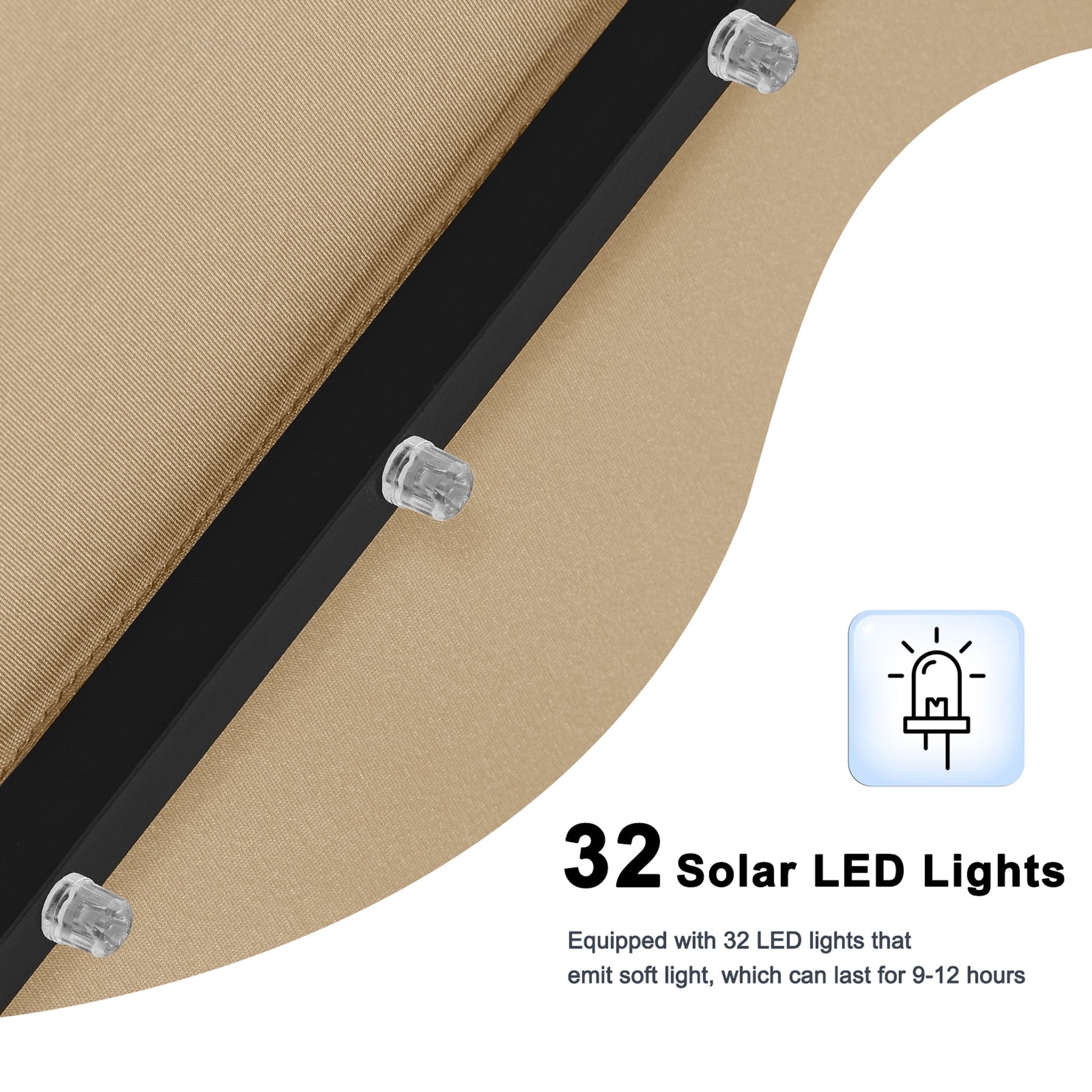 MASTERCANOPY 9ft Solar Patio Umbrella with 32 LED Lights Easy Tilt and Crank 8 Ribs, Khaki
