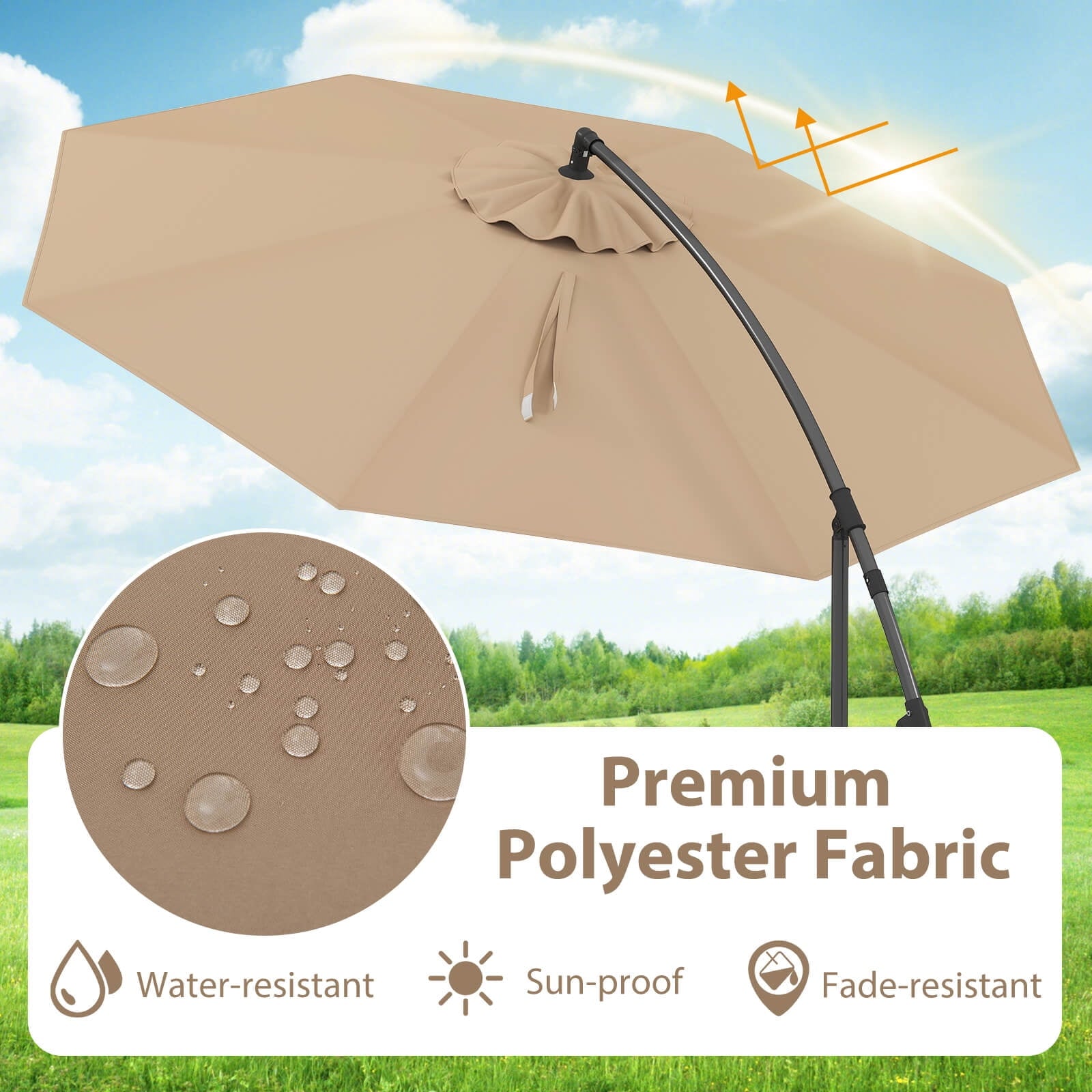 Costway 10' Hanging Umbrella Patio Sun Shade Offset Garden Market W/ T Cross Base Tan