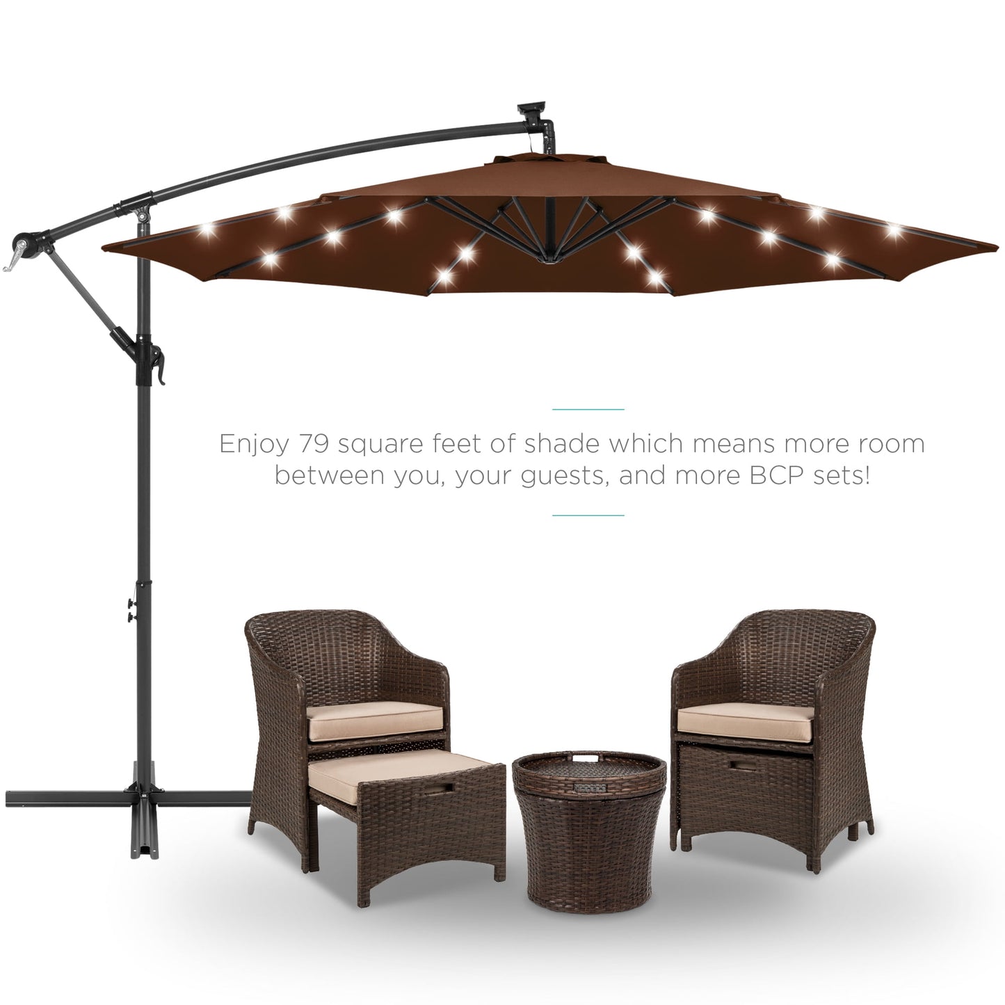 Best Choice Products 10ft Solar LED Offset Hanging Outdoor Market Patio Umbrella w/ Adjustable Tilt - Brown