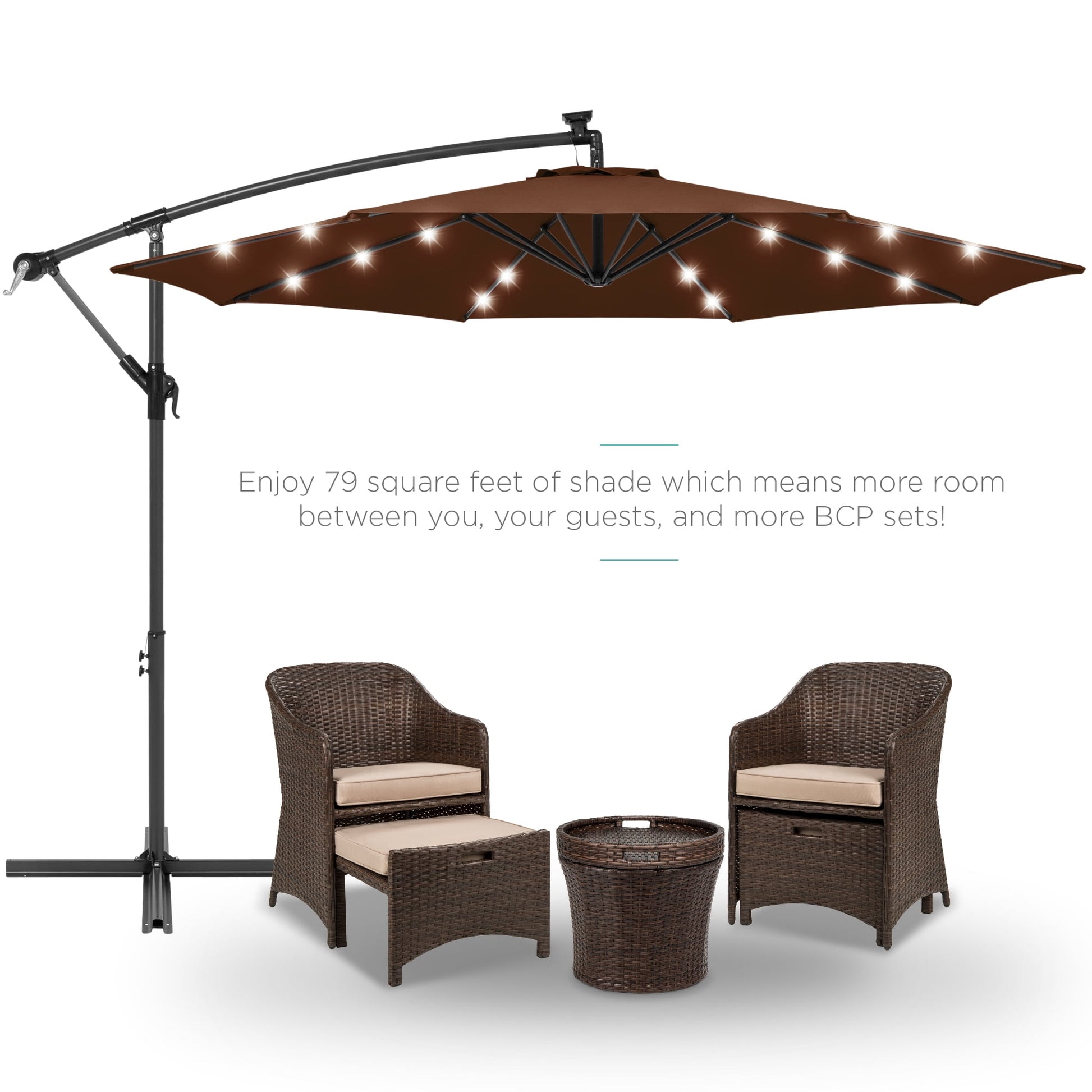 Best Choice Products 10ft Solar LED Offset Hanging Outdoor Market Patio Umbrella w/ Adjustable Tilt - Brown