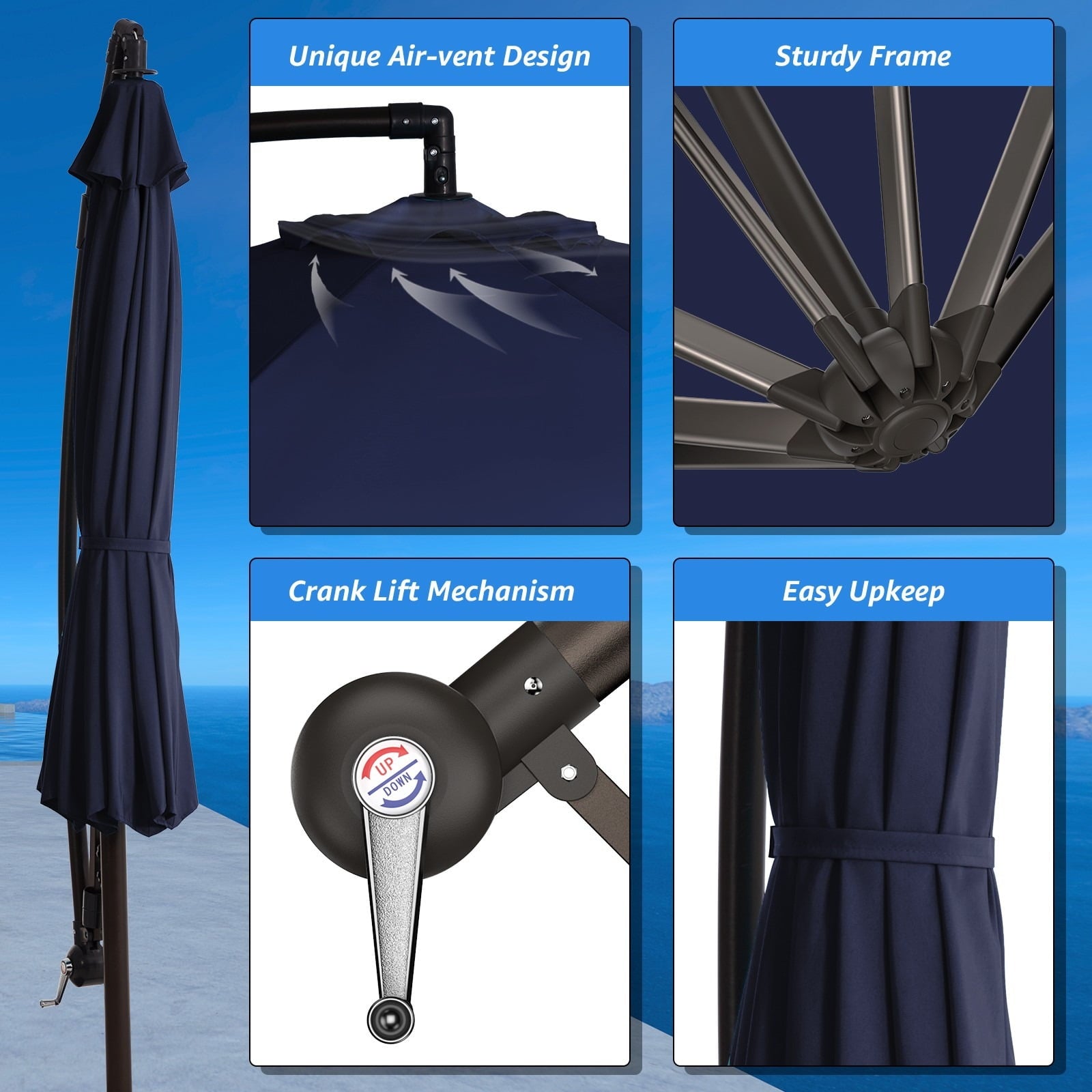 JUSTLET 10ft Offset Hanging Outdoor Cantilever Patio Umbrella for Garden, Navy Blue