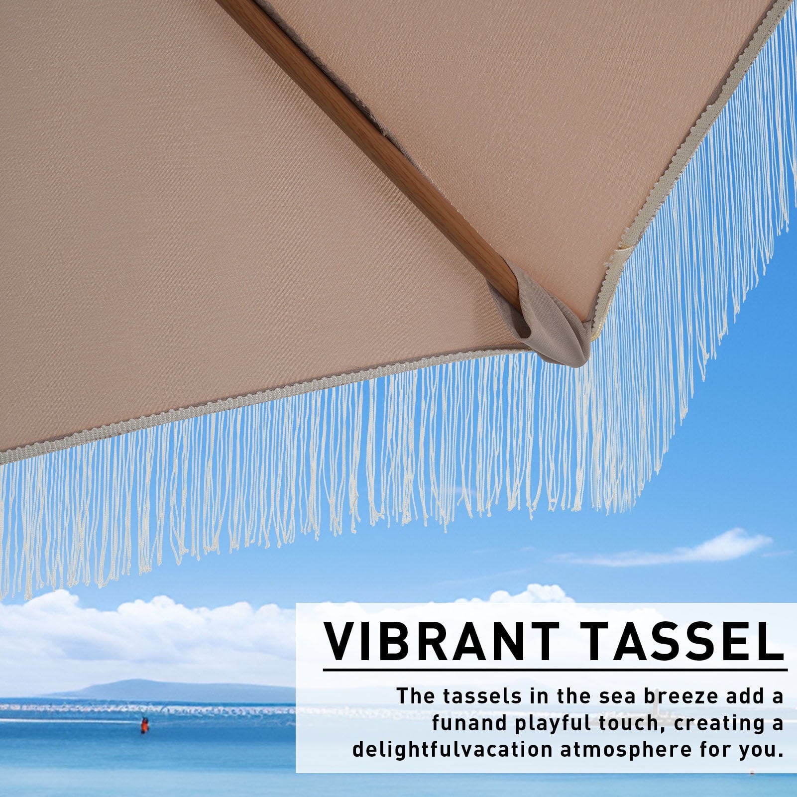 Autlaycil 7.5 ft Fringe Patio Umbrella for Beach, Pool, Adjustable Outdoor Market Umbrellas,Tassel Stylish (Khaki)