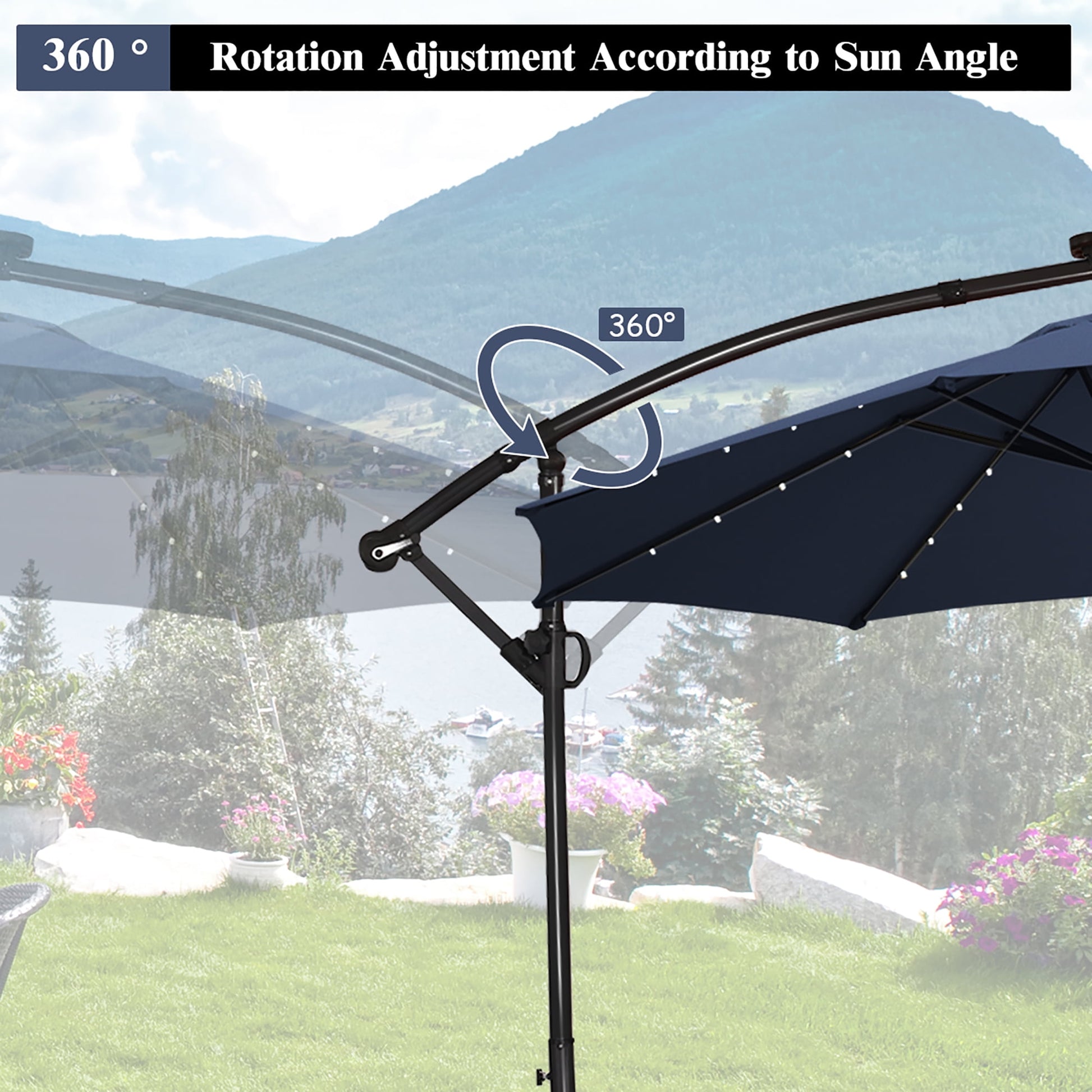 Costway 10FT Patio Offset Umbrella Solar Powered LED 360Degree Rotation Aluminum Navy