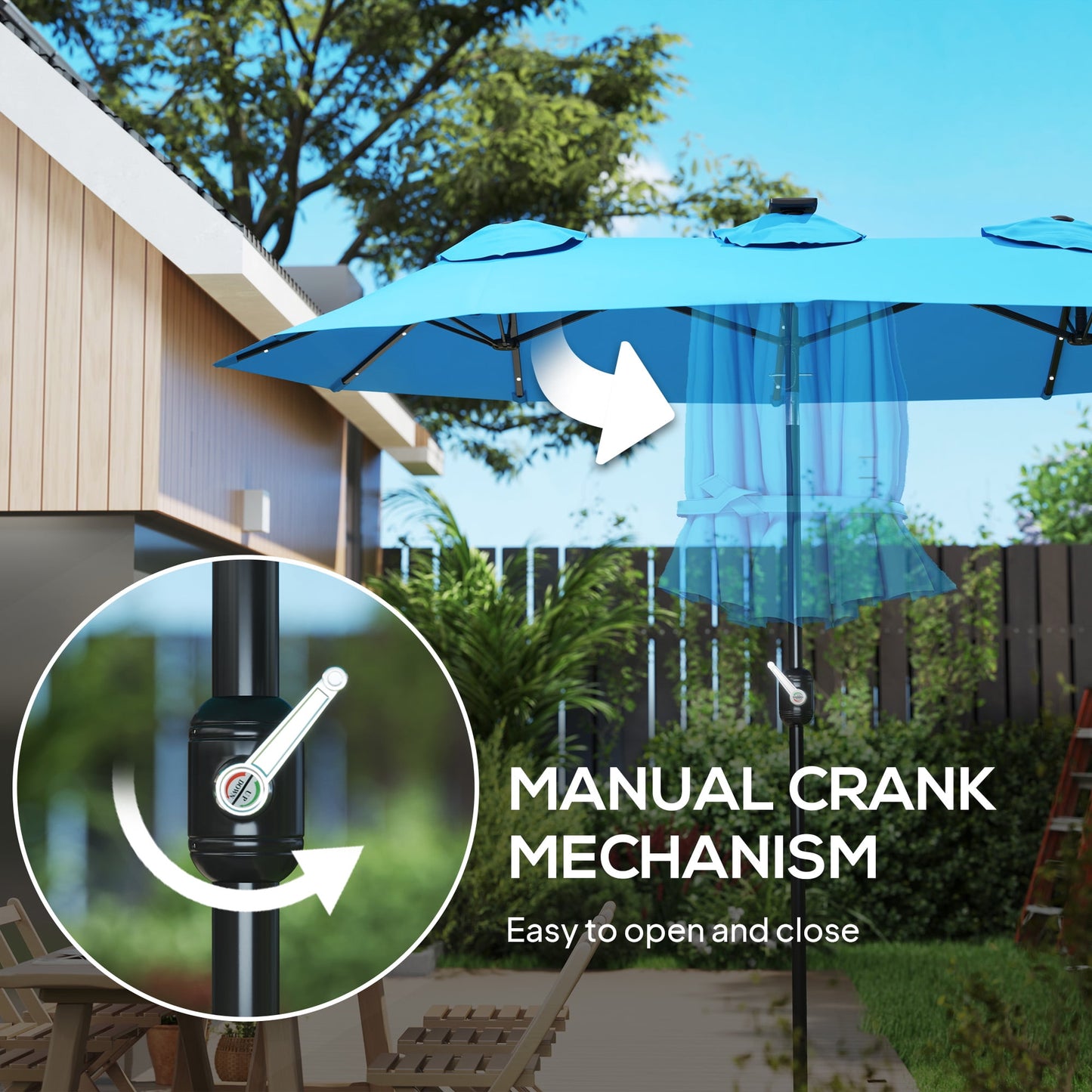 Outsunny 9.7' Double-sided Patio Umbrella with LED Solar Light, Tilt and Crank, Outdoor Umbrella, Light Blue