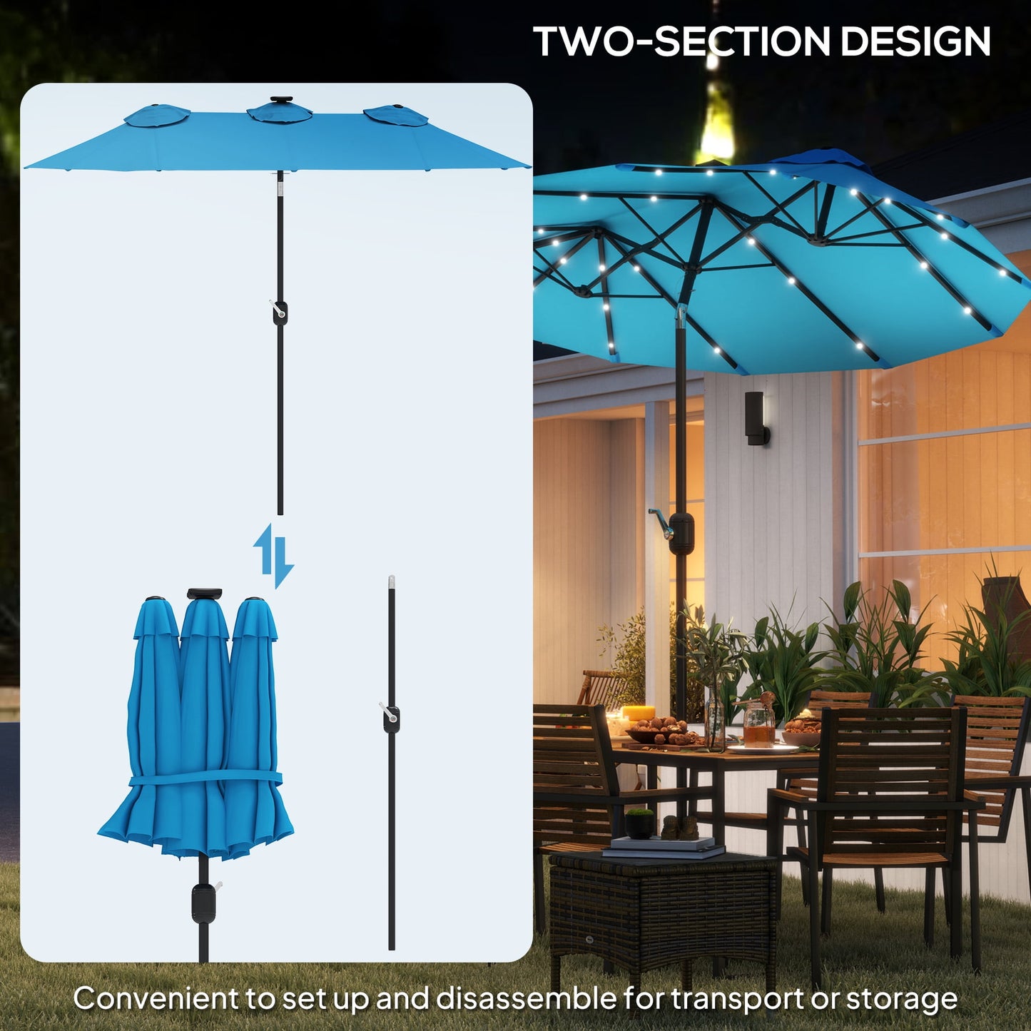 Outsunny 9.7' Double-sided Patio Umbrella with LED Solar Light, Tilt and Crank, Outdoor Umbrella, Light Blue