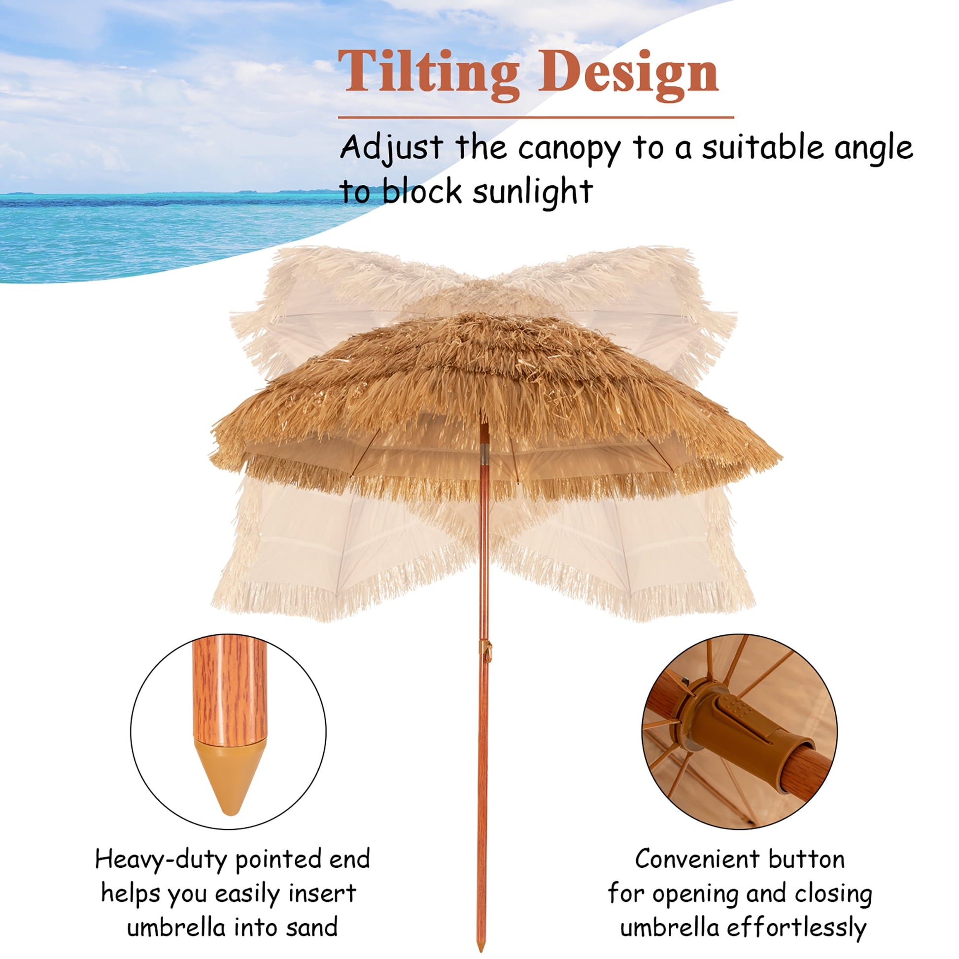 Costway 6.5 FT Thatched Beach Umbrella Tilt Tiki Hawaiian Patio Portable