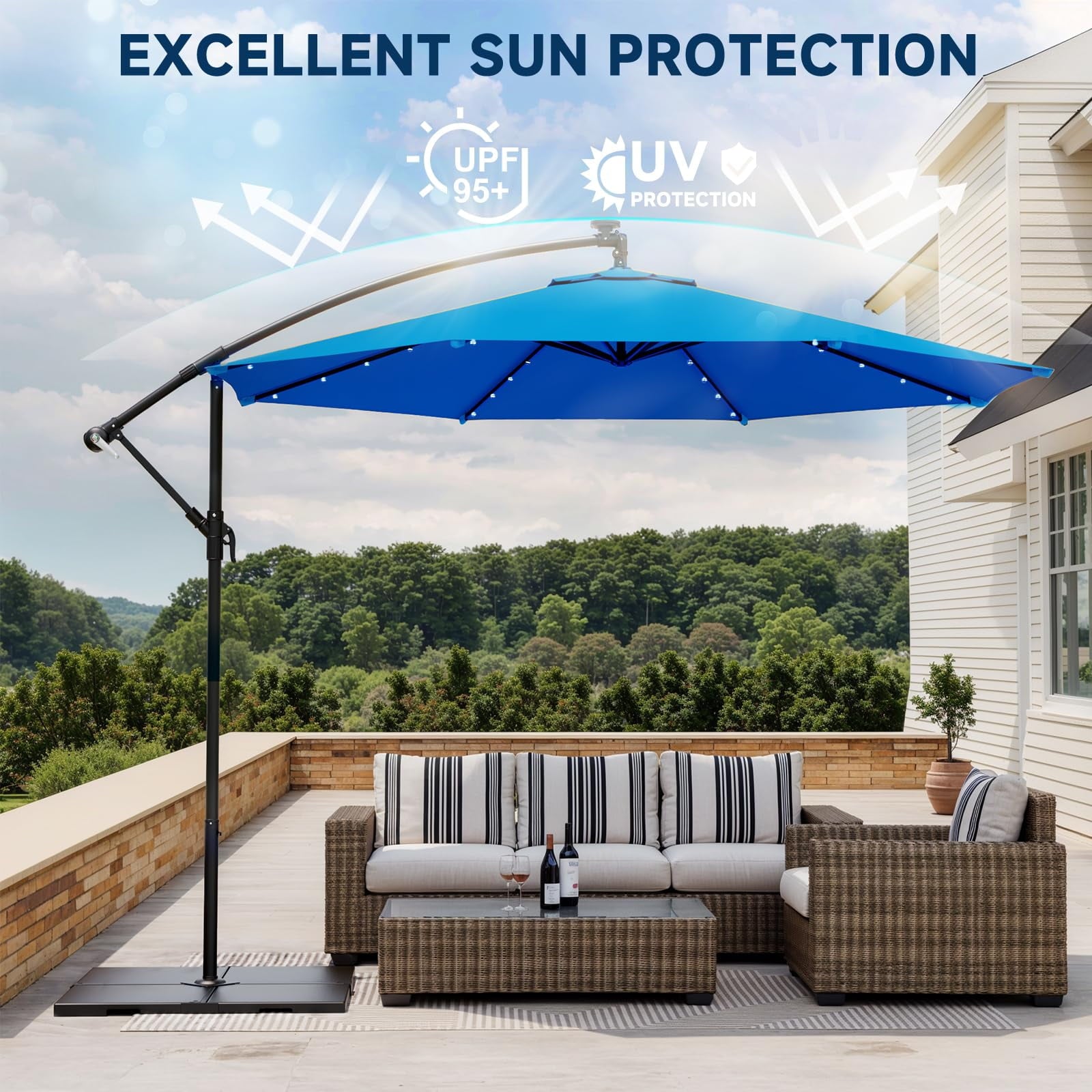 10ft Solar Lighted Patio Umbrella,Outdoor Offset Cantilever Umbrella, Infinite Tilt, Crank and Cross Base, UV Protection for Backyard, Lawn, Garden & Pool, Royal Blue