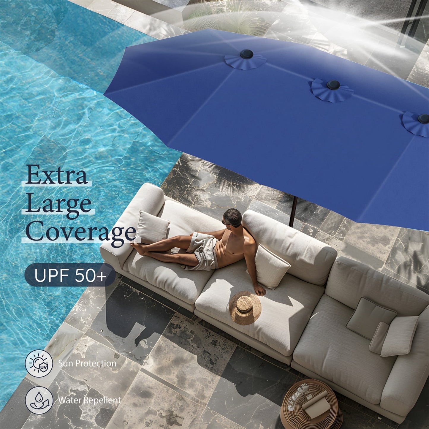 Summit Living 15 ft Large Patio Umbrella with Base (Included) Double-Sided Rectangular Outdoor Deck Umbrella for Outside - Haze Blue