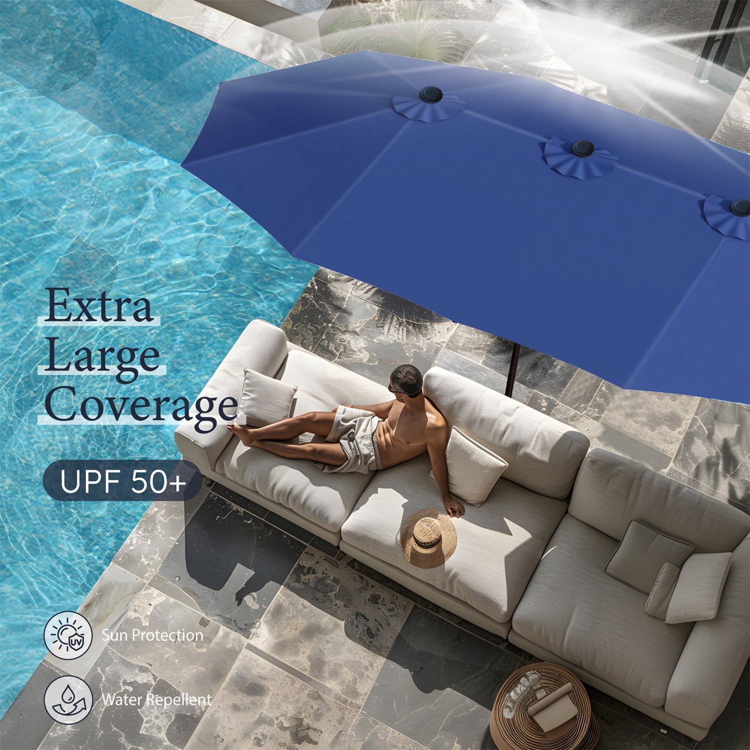 Summit Living 15 ft Large Patio Umbrella with Base (Included) Double-Sided Rectangular Outdoor Deck Umbrella for Outside - Haze Blue