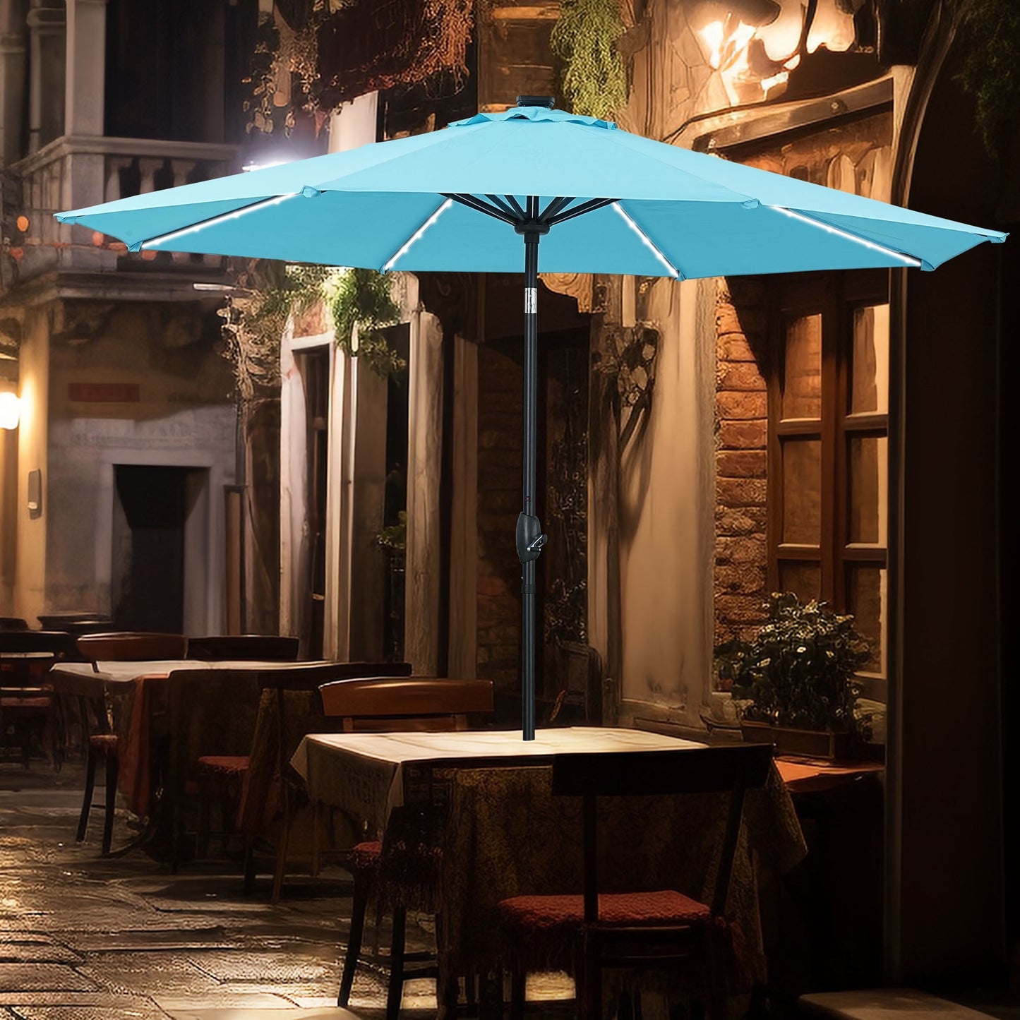 Ainfox 10ft Patio Umbrella with lights, Outdoor Table Sun Shade Umbrellas with Push Button Tilt/Crank, 8 ribs,Lake Blue