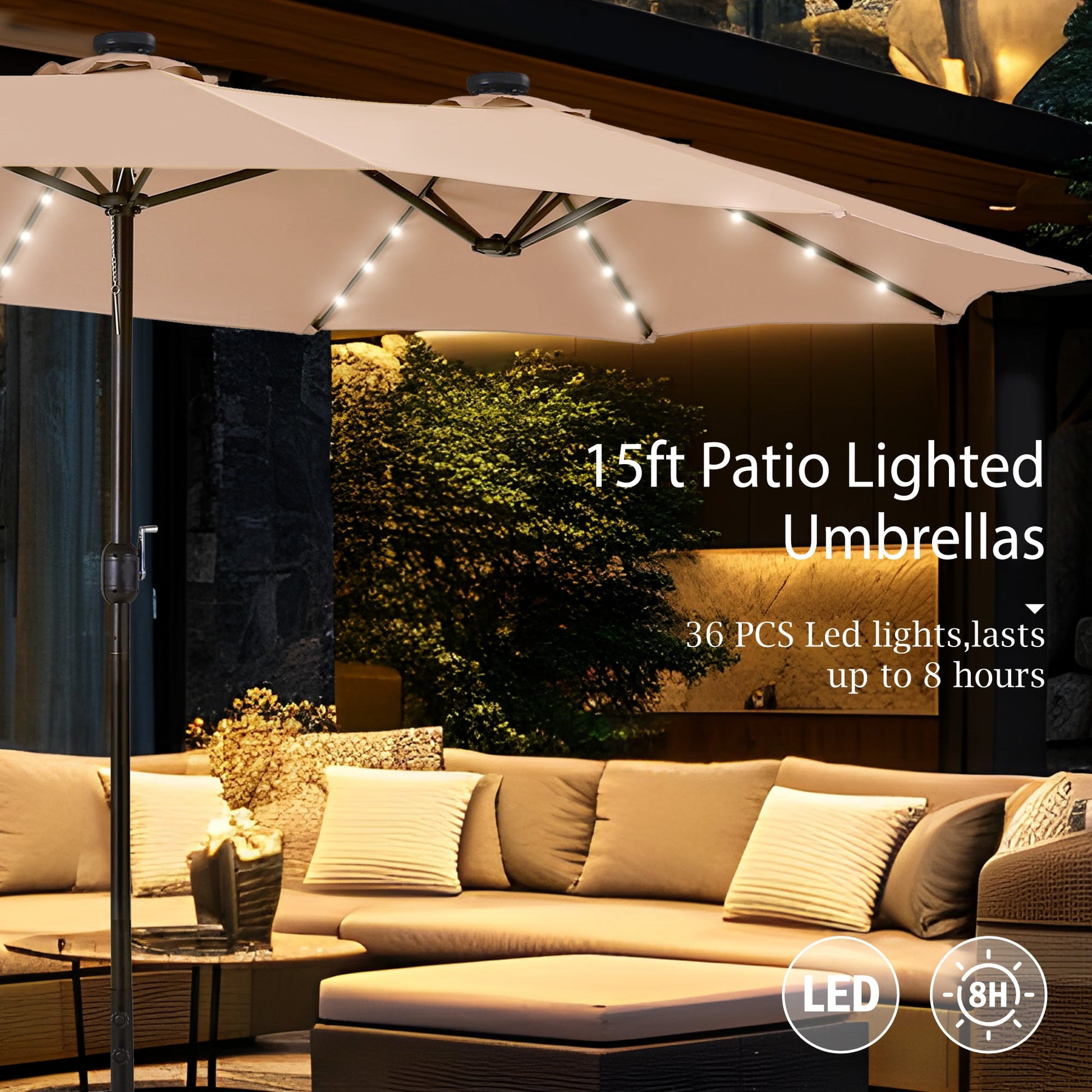 Alpha Joy 15ft Extra Large Outdoor Patio Double-Sided Umbrella with LED Solar Lights & Umbrella Base, Beige