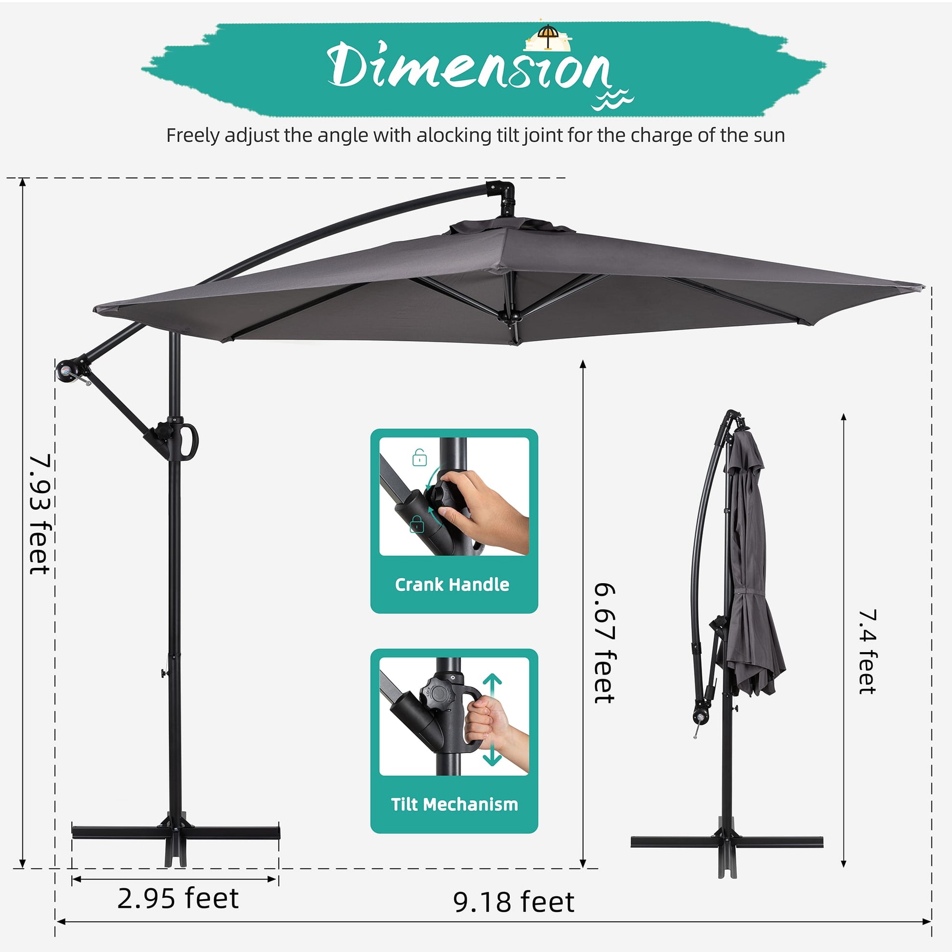 Walsunny 9FT Outdoor Hanging Offset Cantilever Umbrella with Cross Base, Patio Market Umbrella with Crank Sun Shade Canopy, Gray