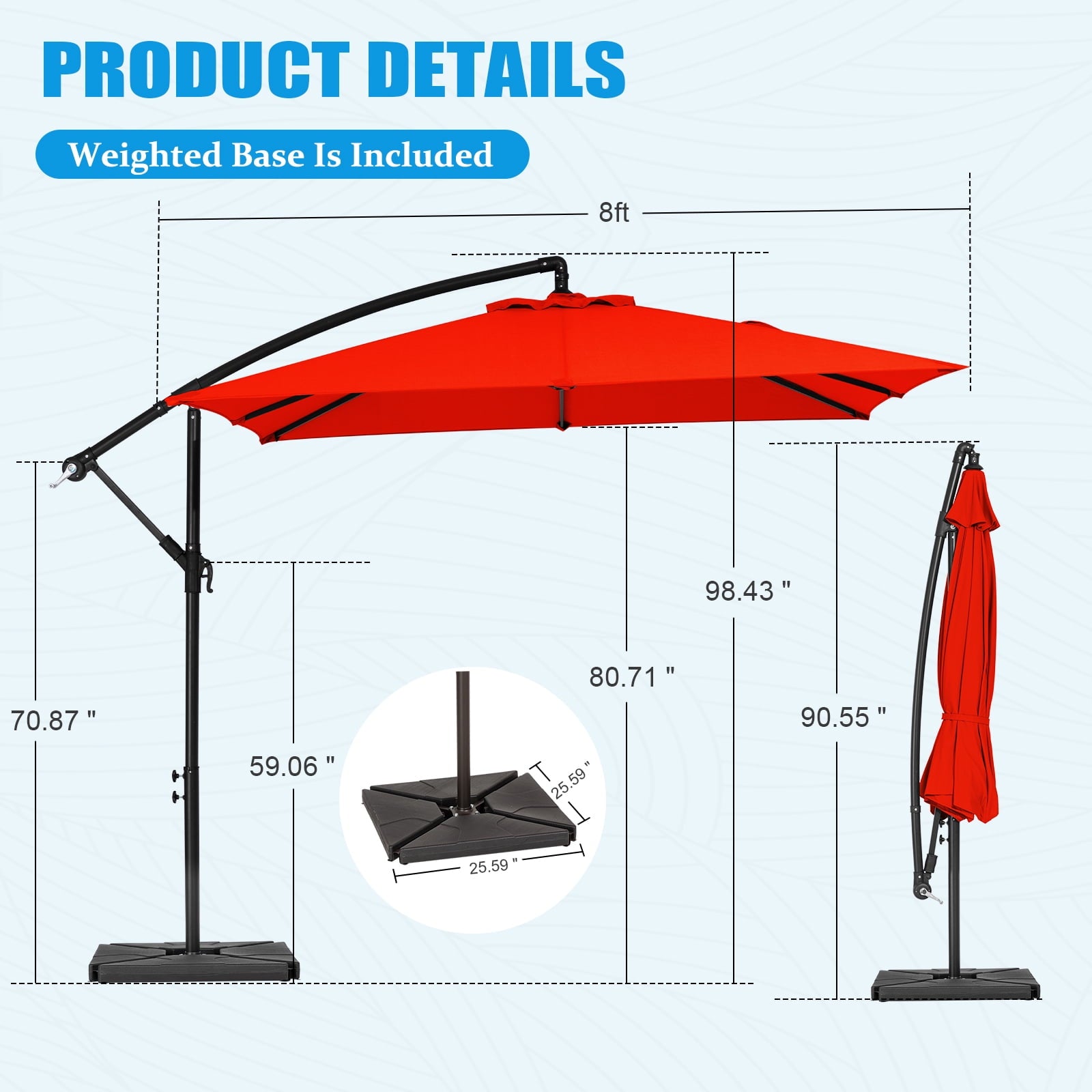 JUSTLET 8 x 8 ft Outdoor Square Hanging Offset Cantilever Umbrella for Garden,Base Included, Orange