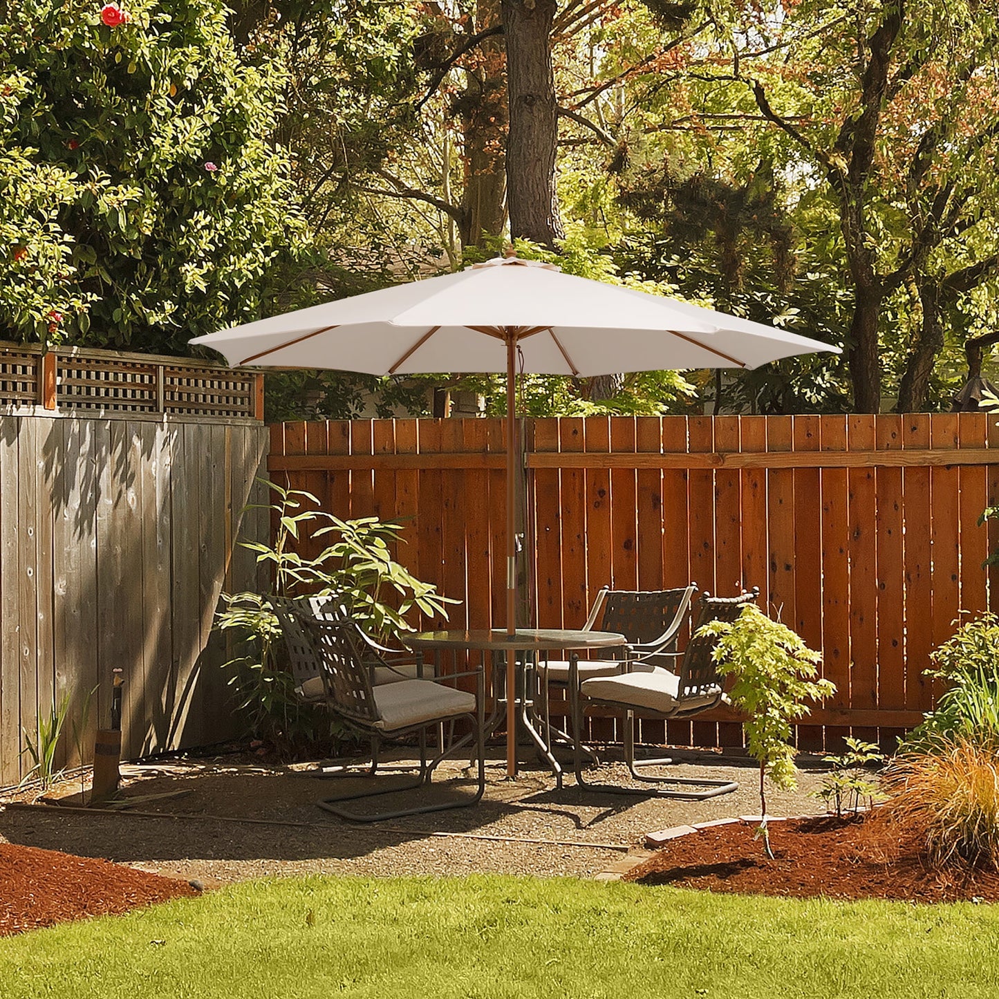 10FT Patio Wooden Market Table Umbrella Pulley w/8 Bamboo Ribs Sunshade Canopy Beige