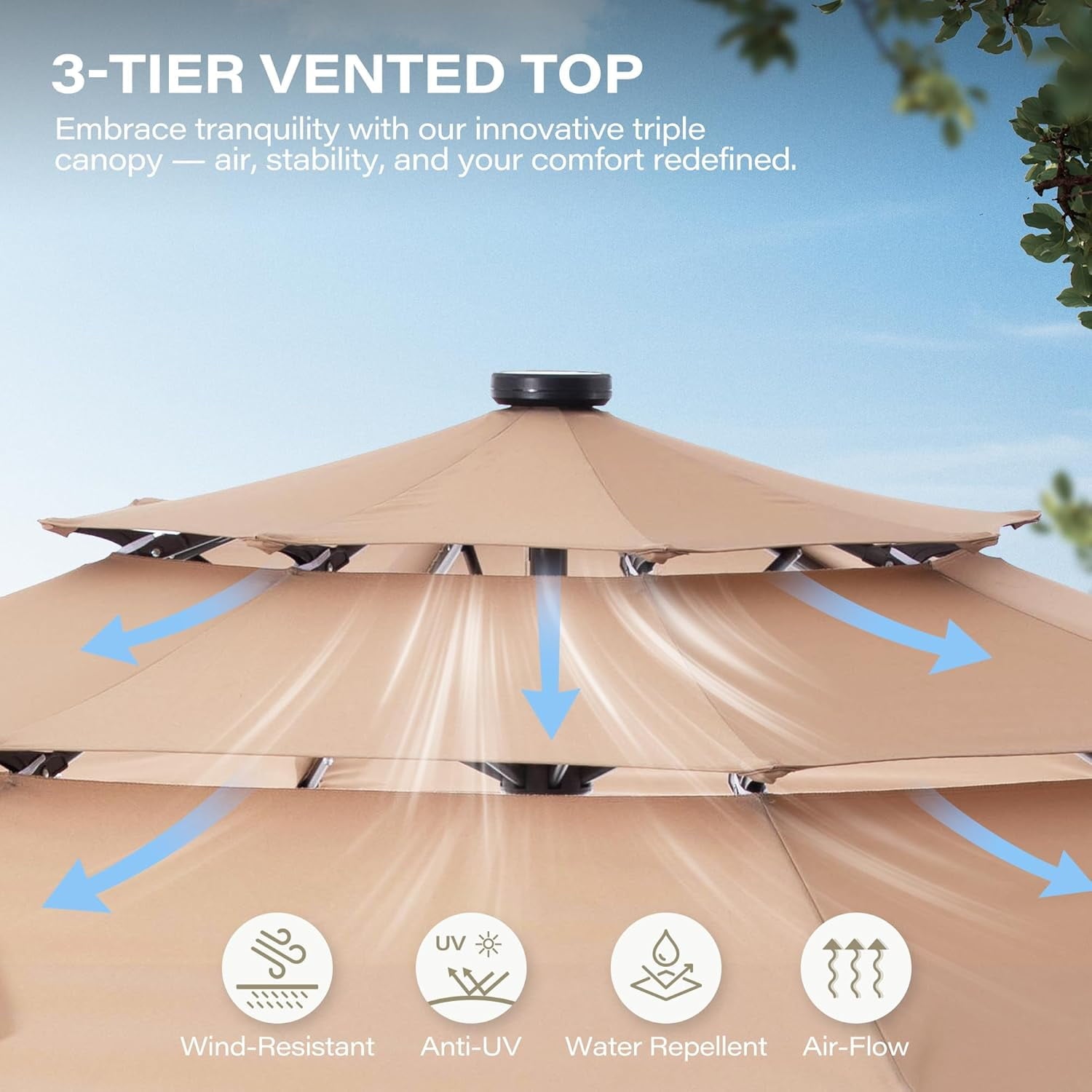 LAUSAINT HOME 10ft Patio Umbrella with Solar Lights, 3-tier Outdoor Umbrellas for Patio Pool Deck Market, Beige
