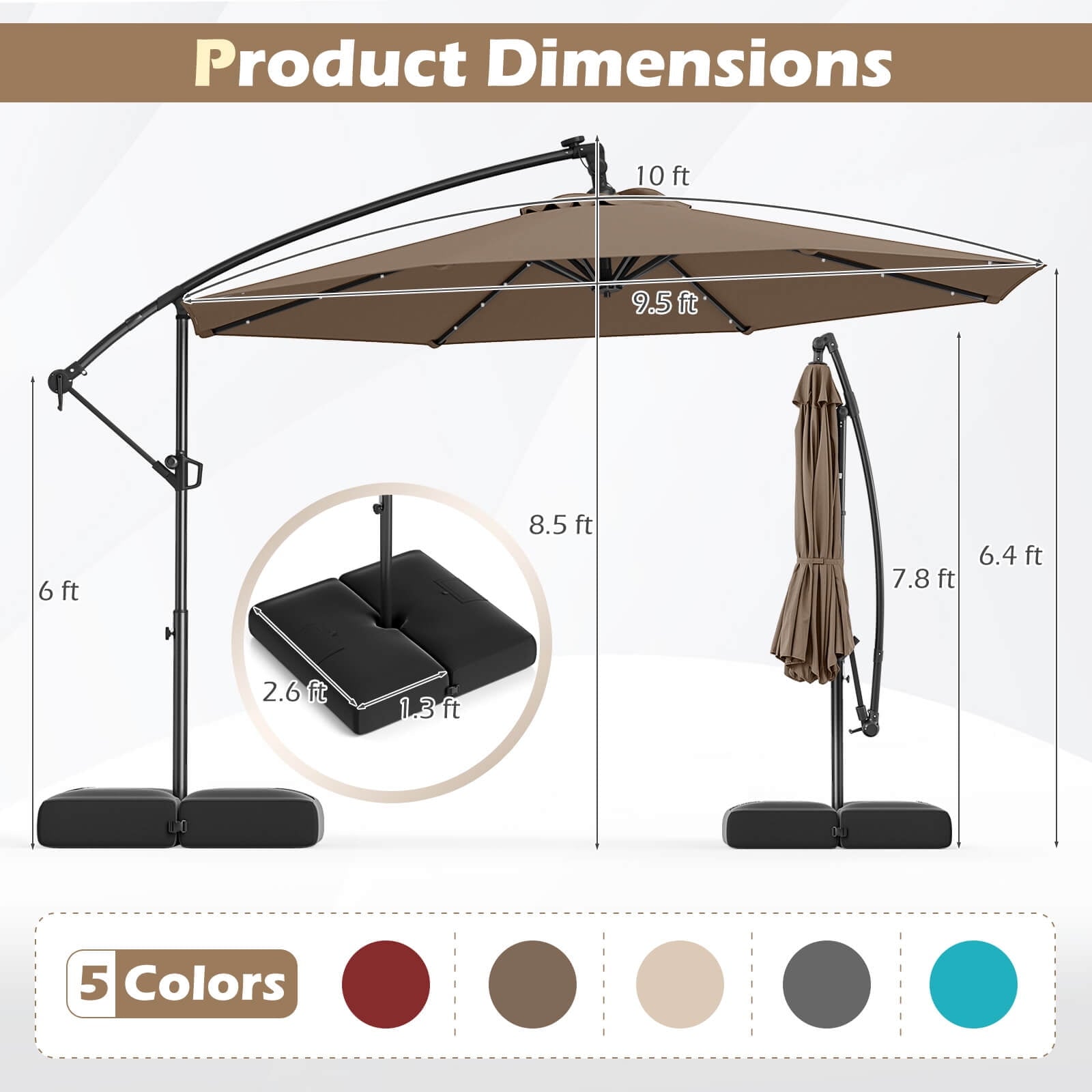 Costway 10 FT Solar Offset Hanging Umbrella Patio Cantilever Umbrella with 32 LED Lights Brown