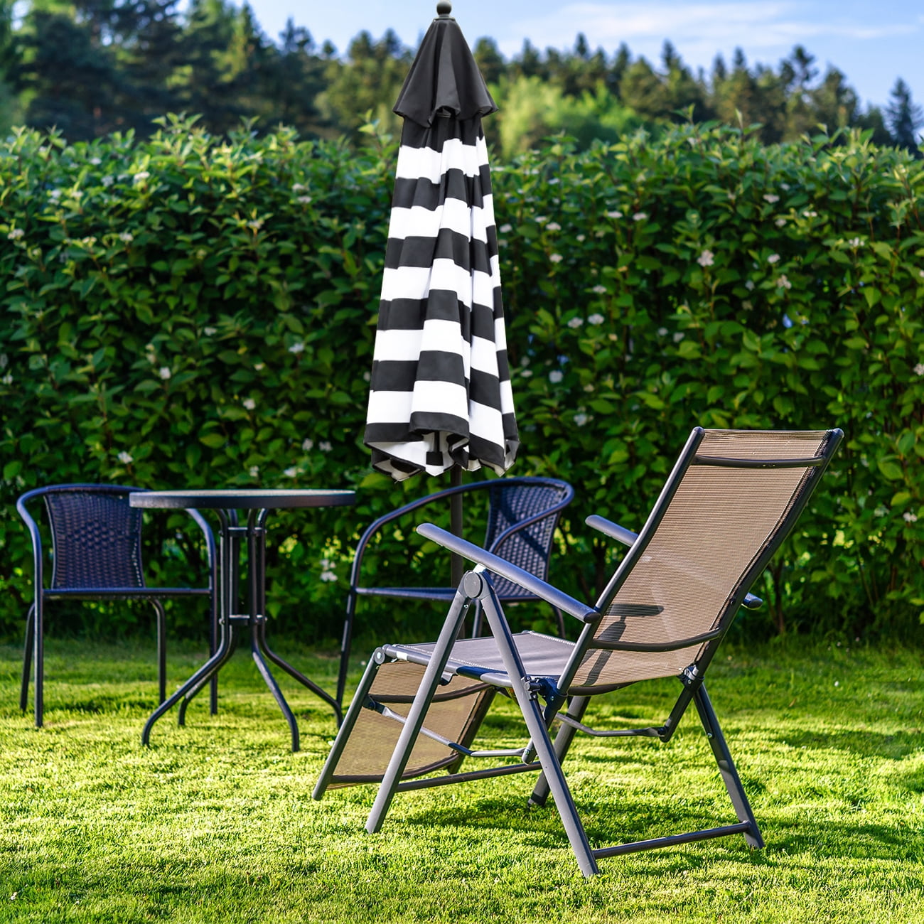 Bibana 9 ft Outdoor Patio Umbrella with Push Button Tilt, Easy Crank Lift, 8 Steel Ribs - Black and White