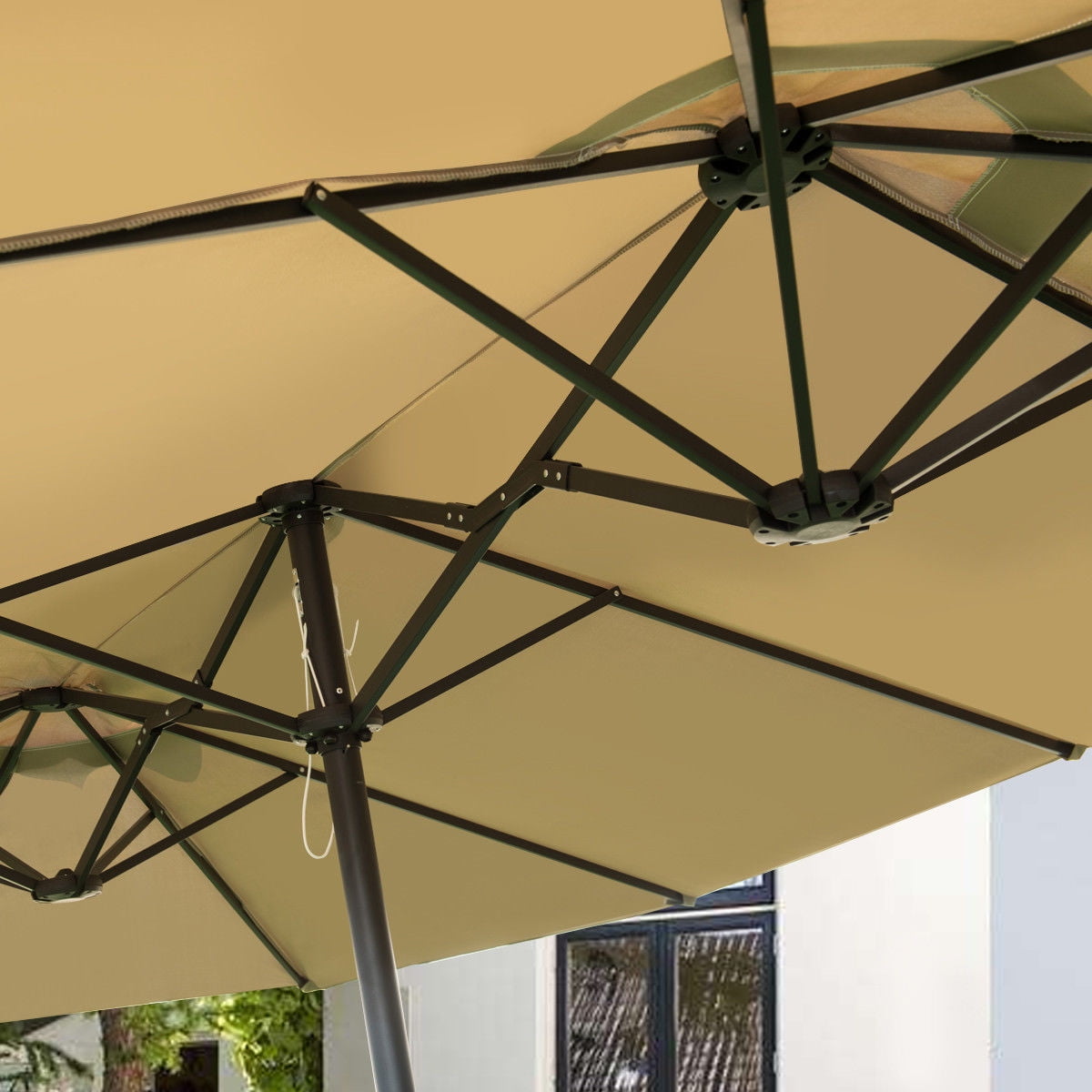 Costway 15' Market Outdoor Umbrella Double-Sided Twin Patio Umbrella with Crank beige