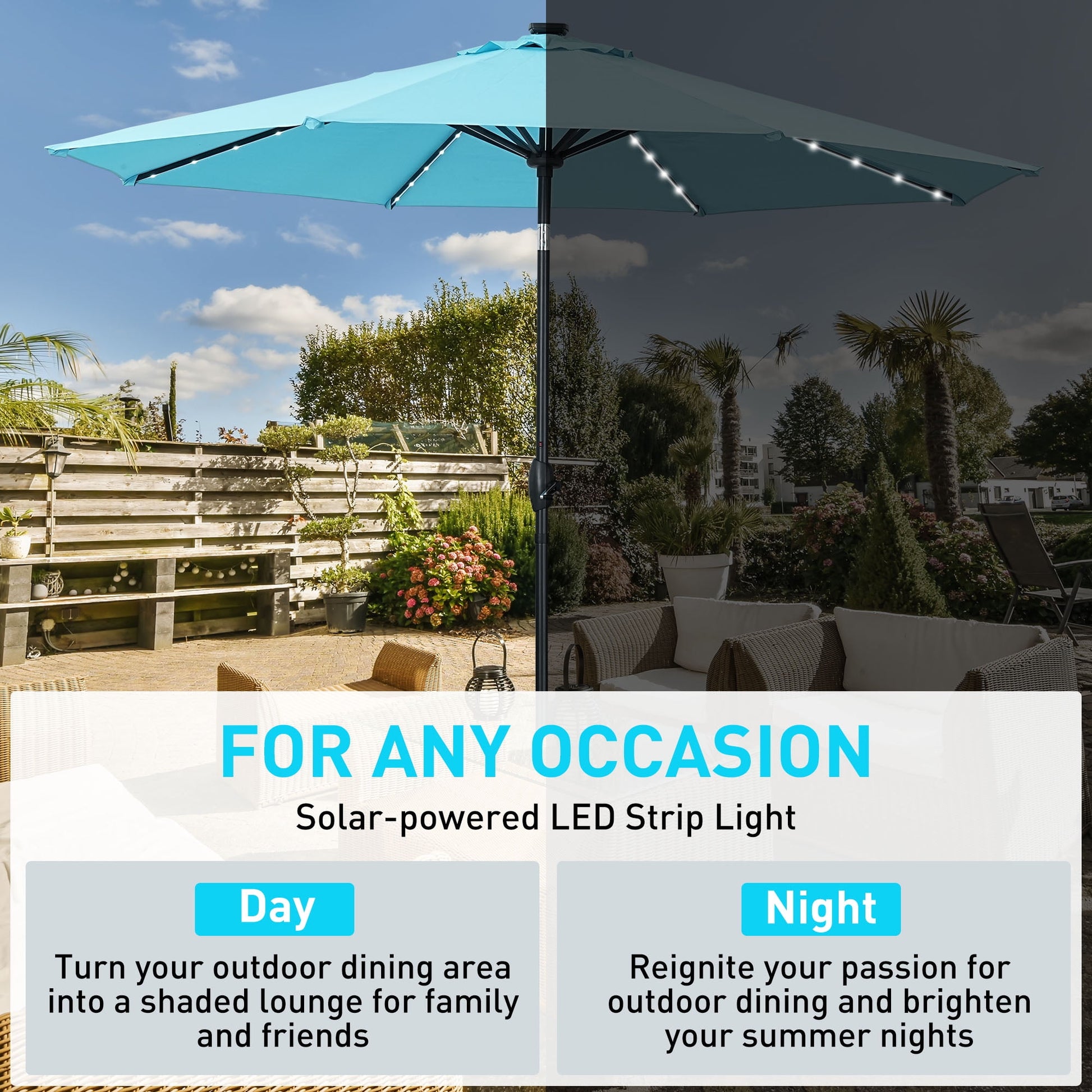 Ainfox 10ft Patio Umbrella with lights, Outdoor Table Sun Shade Umbrellas with Push Button Tilt/Crank, 8 ribs,Lake Blue