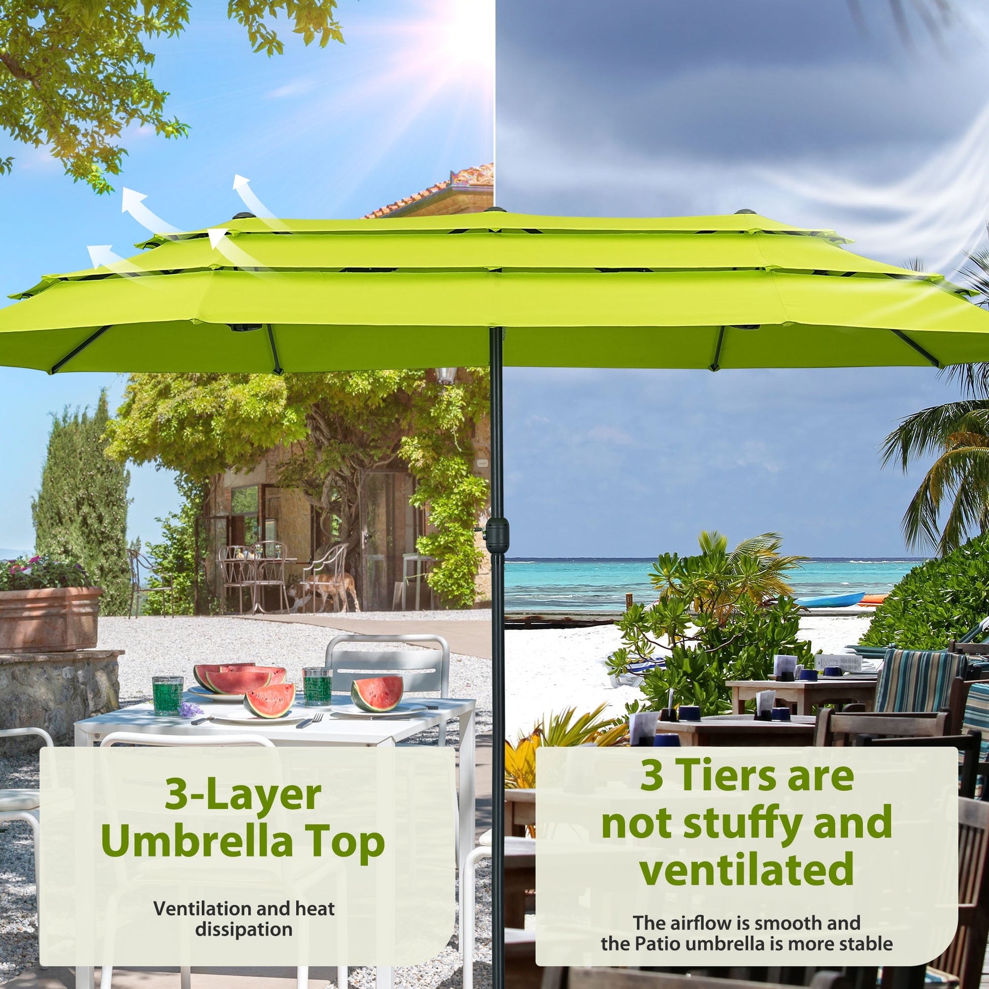 Ainfox 15ft Large Patio Umbrella, 3-Tiers Outdoor Double-Sided Rectangle Market Heavy Duty Umbrellas, Grass Green