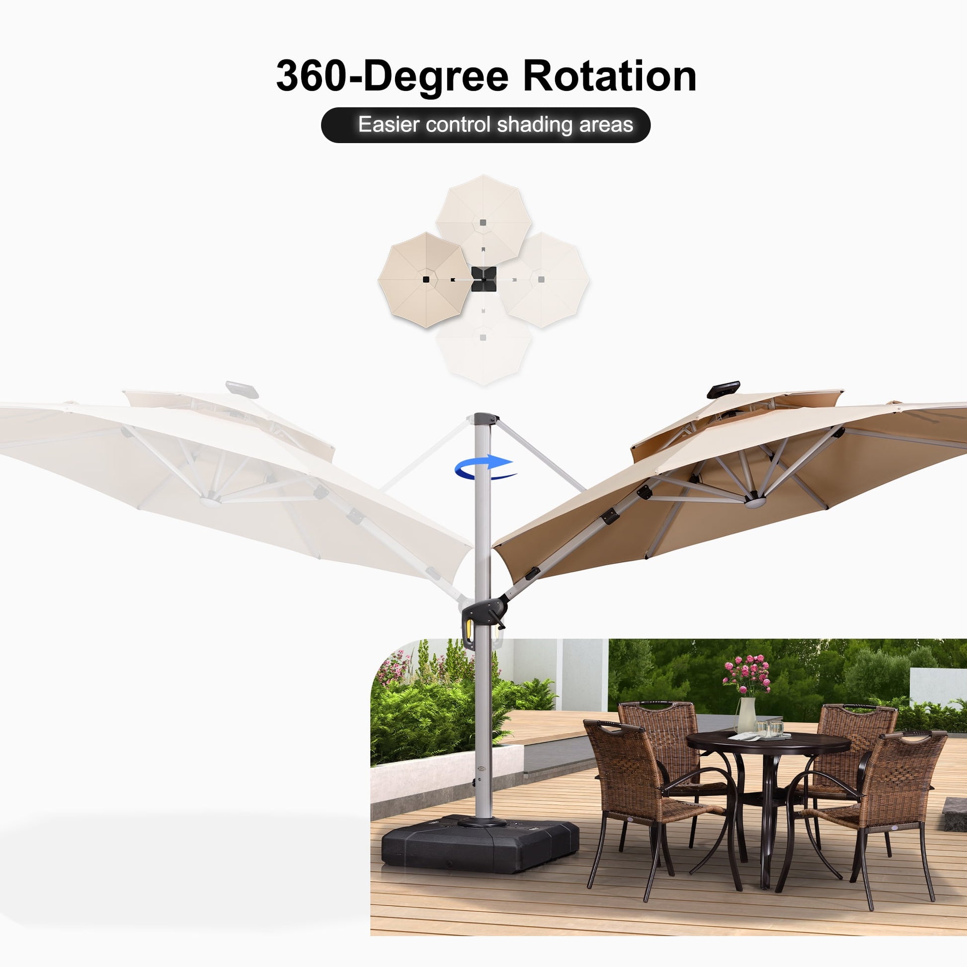 PURPLE LEAF 10FT Deluxe Round Solar Powered LED Patio Umbrella, Large Offset Cantilever Umbrella with 360° Rotation, Beige