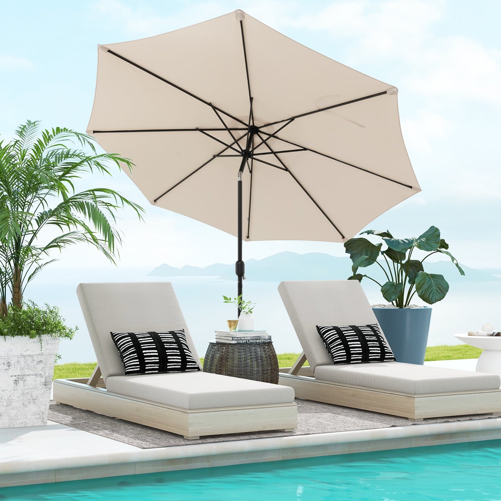 Costway Outdoor Heavy Duty Market Umbrella with Tilt Mechanism Crank Handle 8 Sturdy Ribs