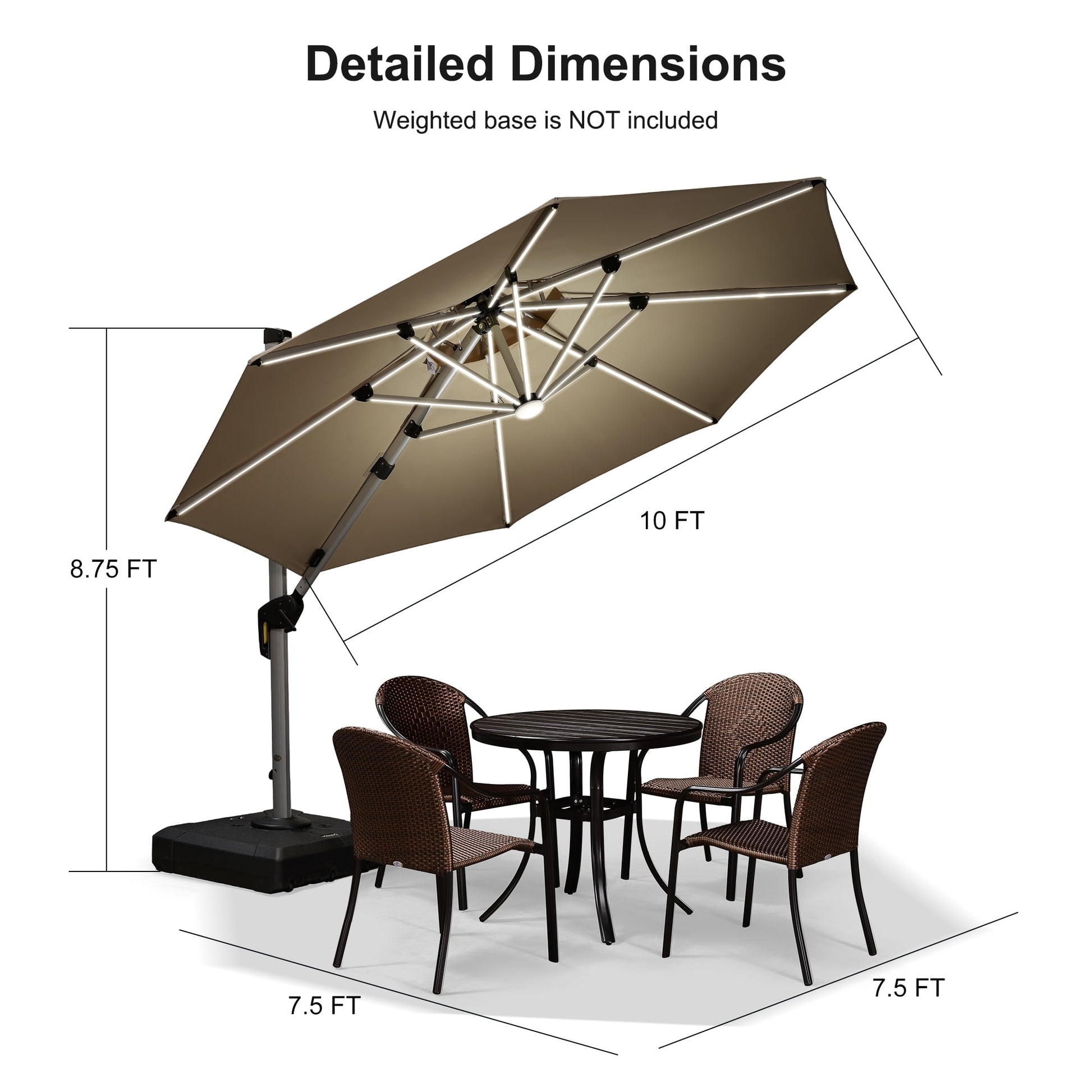 PURPLE LEAF 10FT Deluxe Round Solar Powered LED Patio Umbrella, Large Offset Cantilever Umbrella with 360° Rotation, Beige