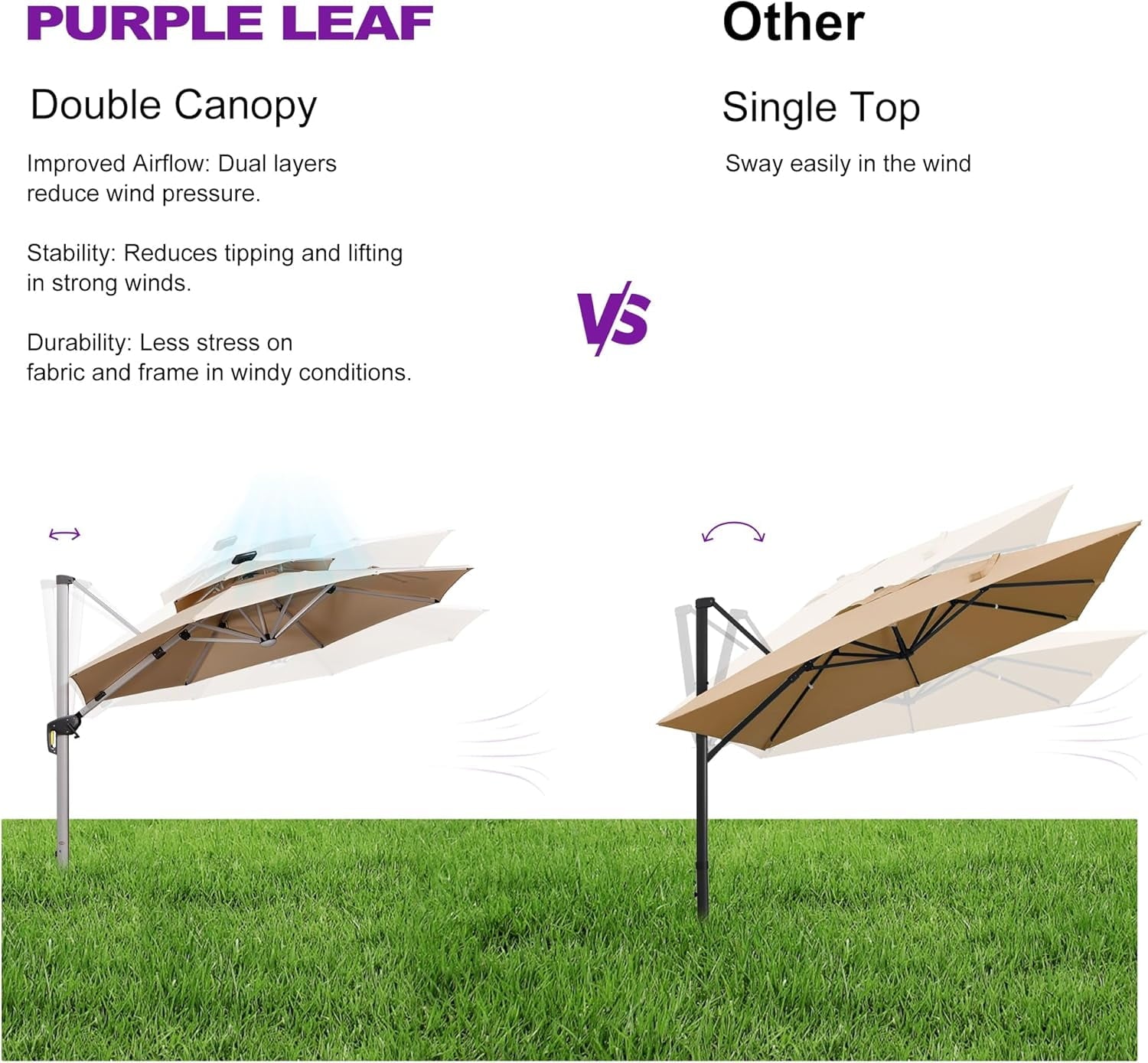 PURPLE LEAF 10FT Deluxe Round Solar Powered LED Patio Umbrella, Large Offset Cantilever Umbrella with 360° Rotation, Beige