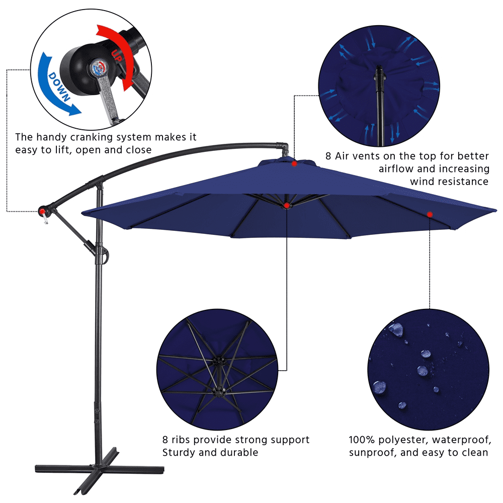 Renwick 10 Ft Patio Offset Umbrella with Crank and Base Stand, Navy Blue