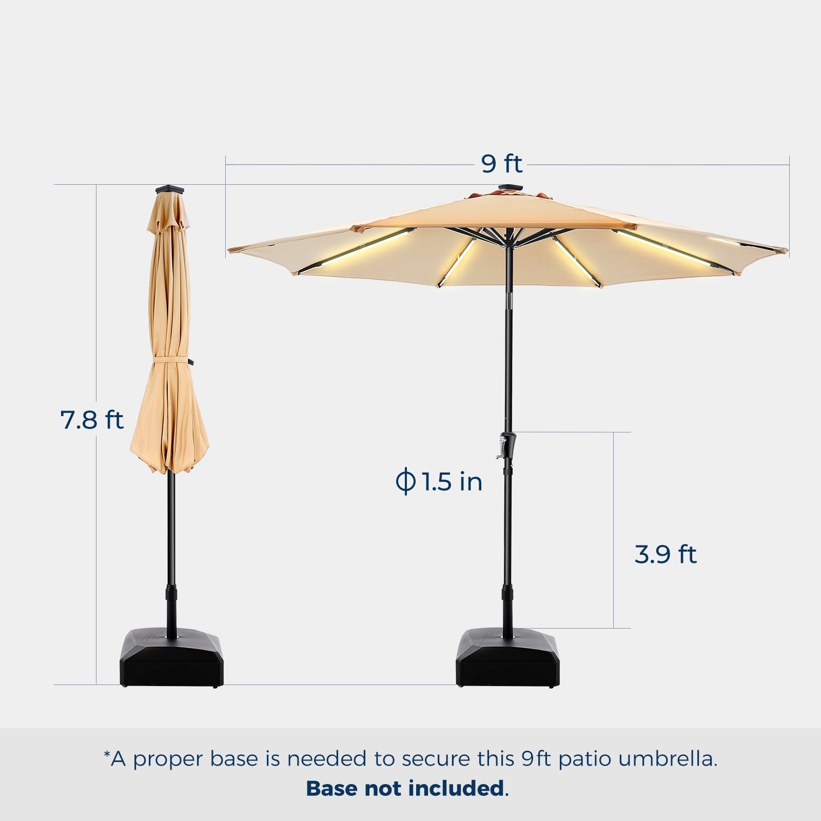 9FT Outdoor Solar LED Lighted Patio Umbrella with 8 LED Strip Lights & 8 Ribs, Convenient Crank Lift System,for Gargen,Yard,Home,Pool
