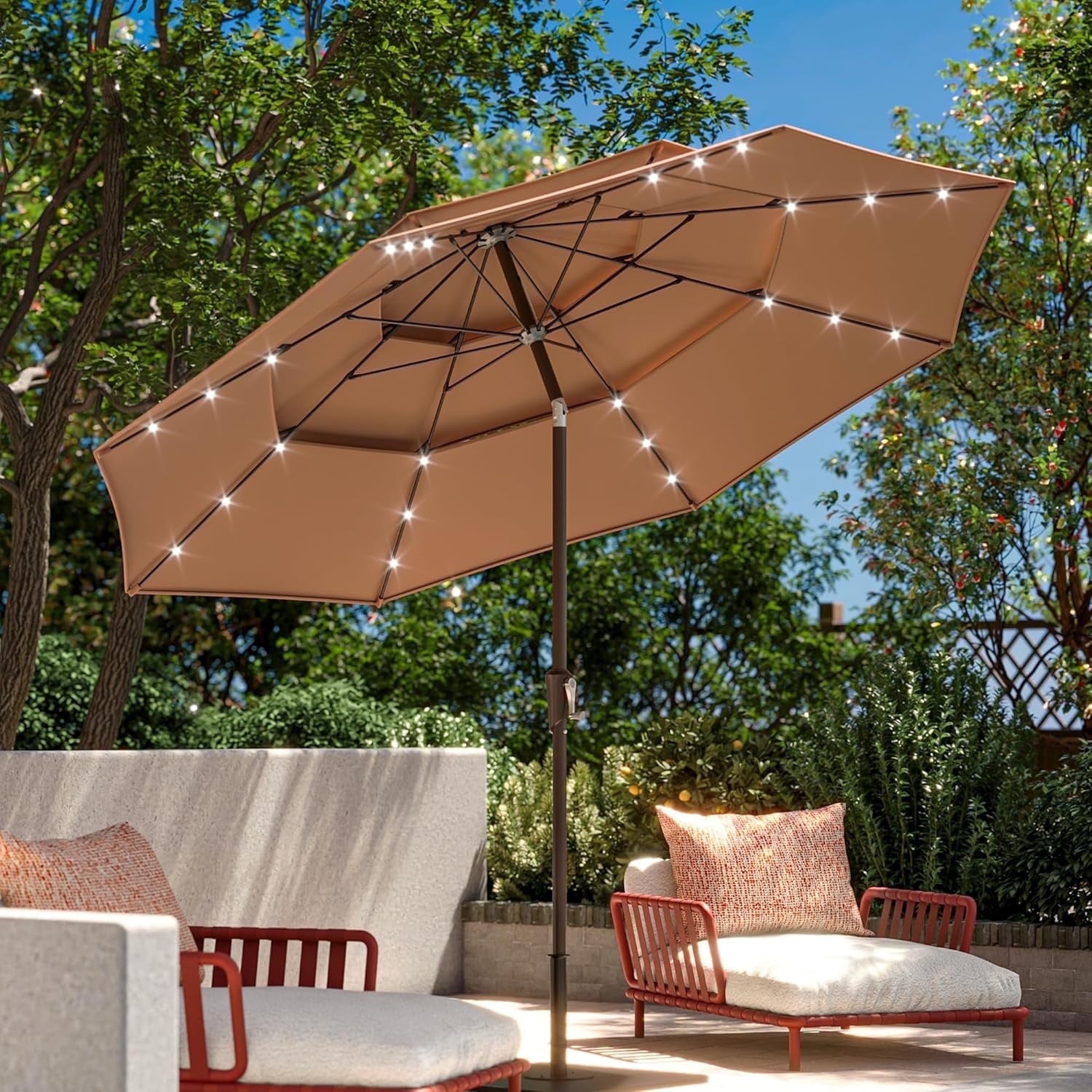 LAUSAINT HOME 10ft Patio Umbrella with Solar Lights, 3-tier Outdoor Umbrellas for Patio Pool Deck Market, Beige