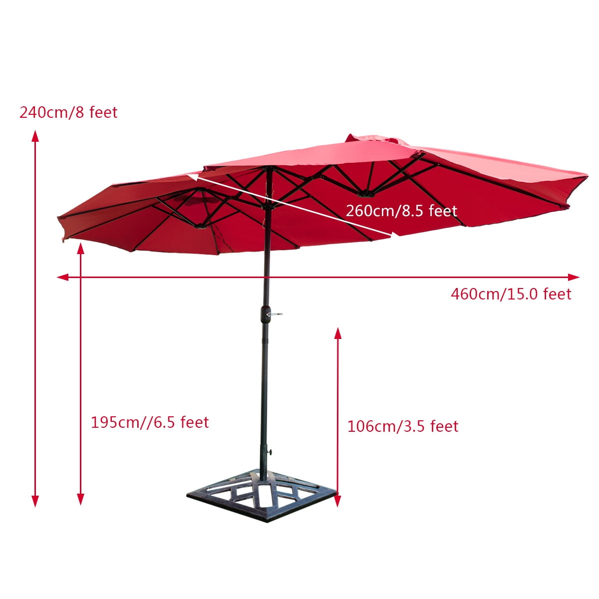 Costway 15' Market Outdoor Umbrella Double-Sided Twin Patio Umbrella with Crank Wine